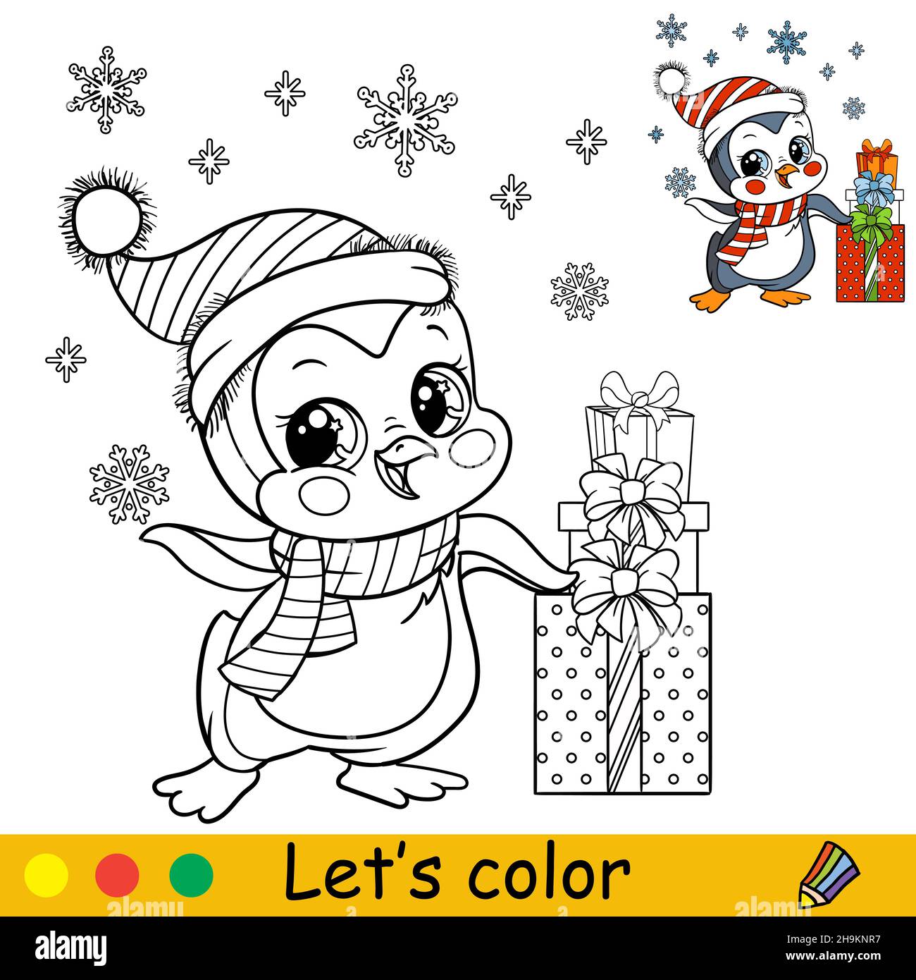 Pinguino carino in un cappello di Natale con fiocchi di neve e regali. Personaggio cartoon. Illustrazione isolata dal vettore. Libro da colorare con esempio colorato. Per Illustrazione Vettoriale