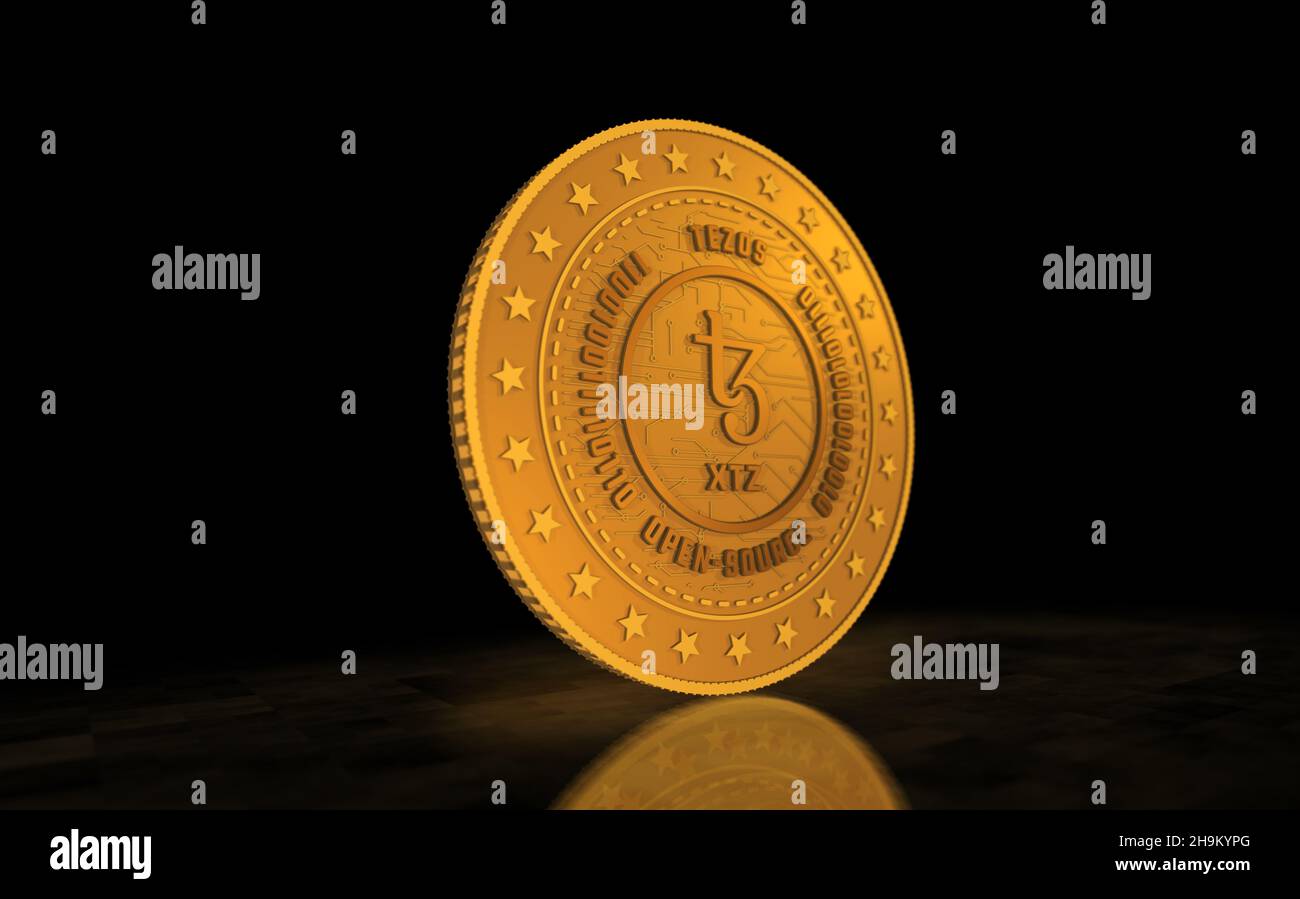 Tezos XTZ open source, peer-to-peer criptovaluta simbolo oro moneta su sfondo verde schermo. Illustrazione del concetto astratto 3D. Foto Stock