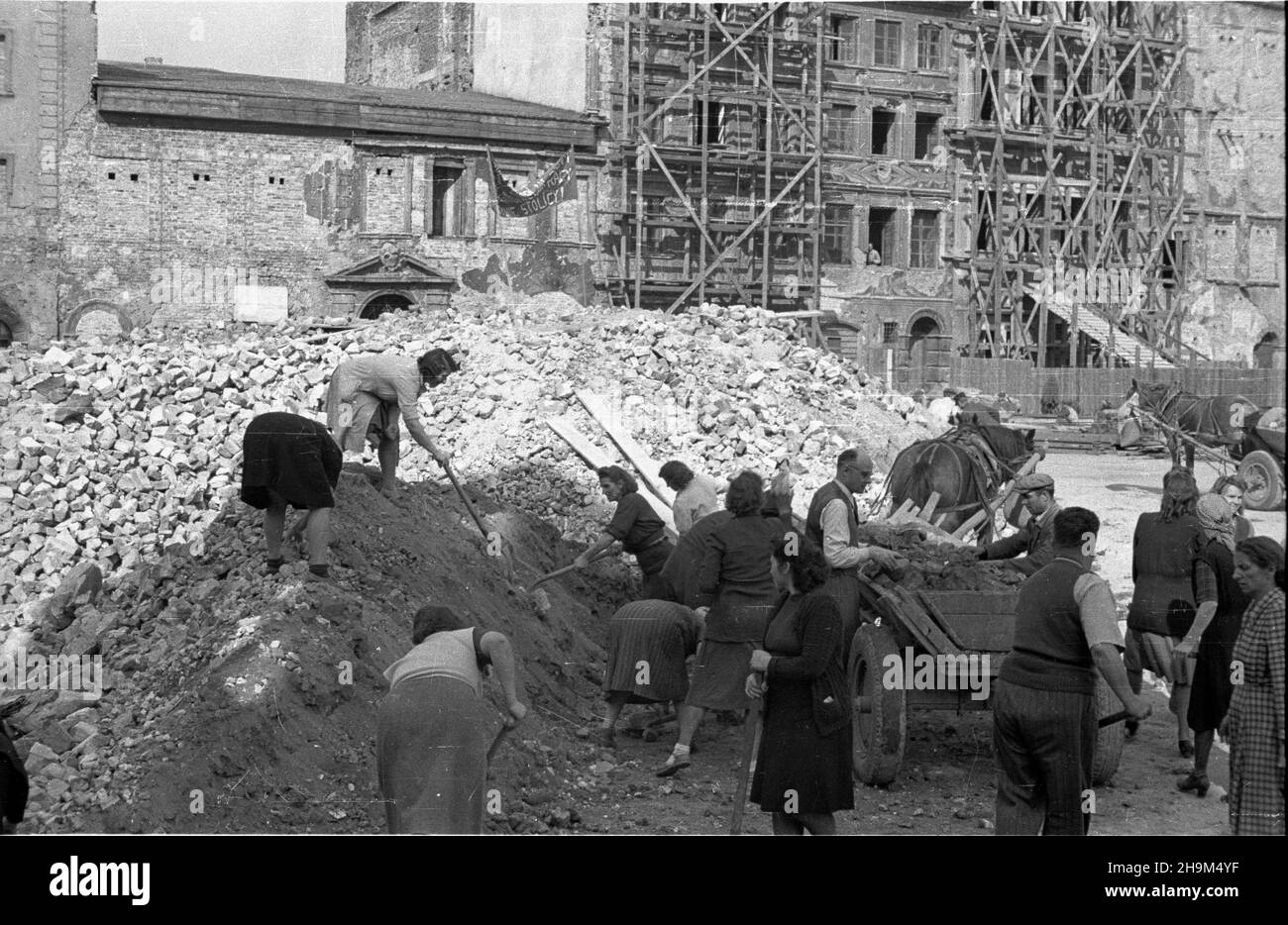 Warszawa, 1948-09. Akcja spo³eczna Miesi¹c Odbudowy Stolicy. NZ. cz³onkowie Stronnictha Ludowego przy odgruzowywaniu Starego Miasta. W tle widoczne odbudowywane kamienice przy pierzei pó³nocnej tzw. stronie Dekerta; od lewej: kamienica Pod Murzynkiem (Rynek Starego Miasta 36 - zakryta rusztowaniem), kamienica Kleinpolska (Rynek Starego Miasta 34 - ozdobiona polichromi¹ wykonan¹ przez Zofiê Stryjeñsk¹ w 1928 r.), kamienica Baryczkowska (Rynek Starego Miasta 32 - kidowzem towzem sa Dok³adny dzieñ waknizem. Varsavia, 1948 settembre. La ricostruzione della capitale Foto Stock