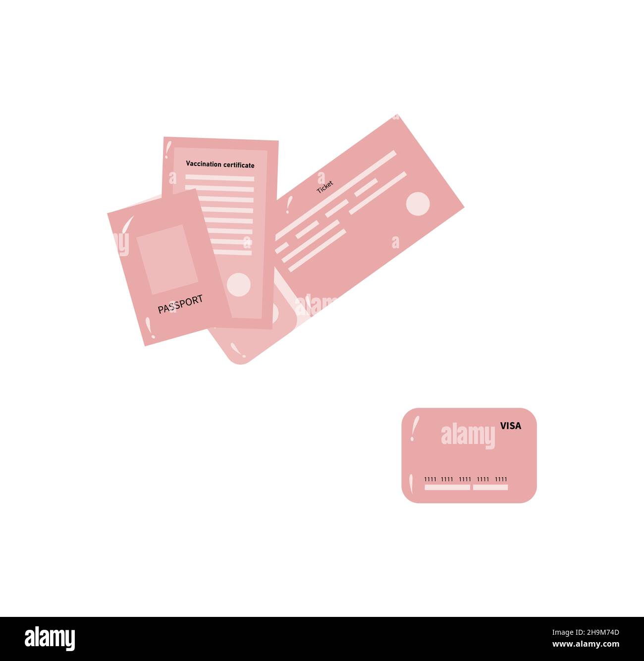 Un set con l'immagine dei documenti più necessari per viaggi e viaggi nel nuovo anno in colori rosa tenui. Come passaporto o carta di pagamento, biglietto di trasporto e certificato di vaccinazione. Stile di vita. Fuori porta. Illustrazione vettoriale Illustrazione Vettoriale