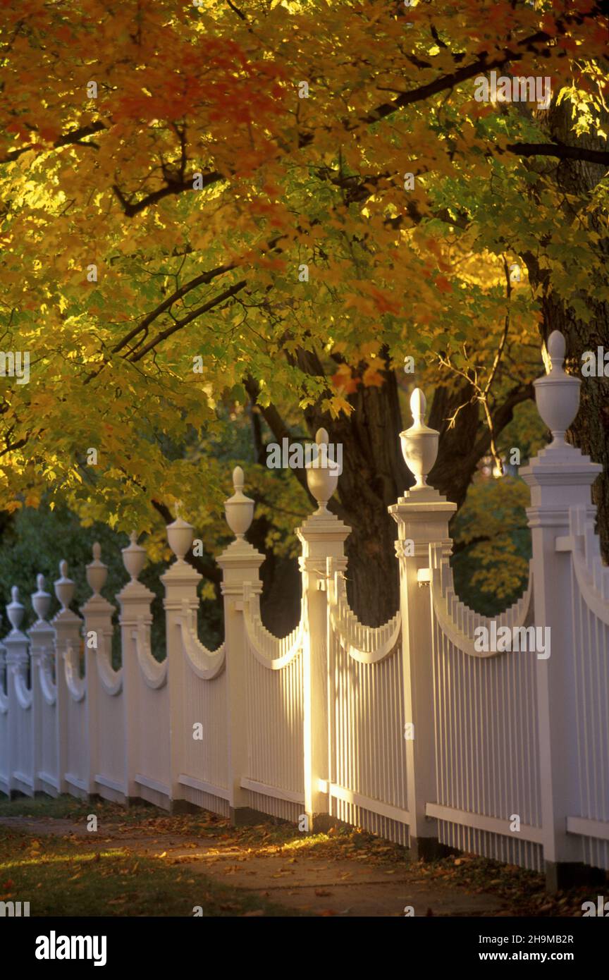 Elaborato White Picket Fence con Fall Foliage, Old First Church, Bennington, Vermont, USA Foto Stock