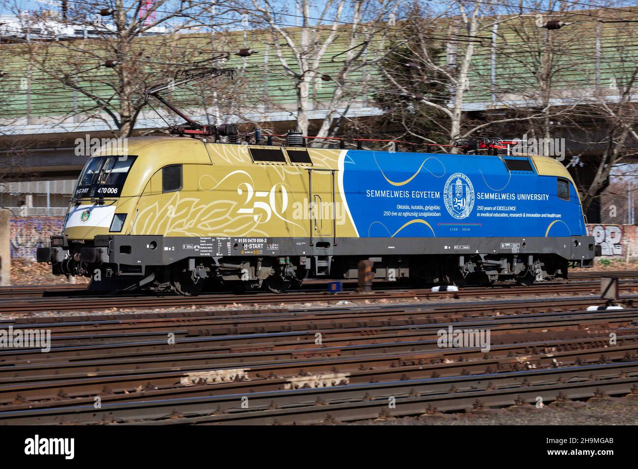 Budapest, Ungheria - 13 marzo 2021: Trasporto ferroviario internazionale. Treno locomotiva alla stazione. Trasporto ferroviario globale e spedizione. Foto Stock
