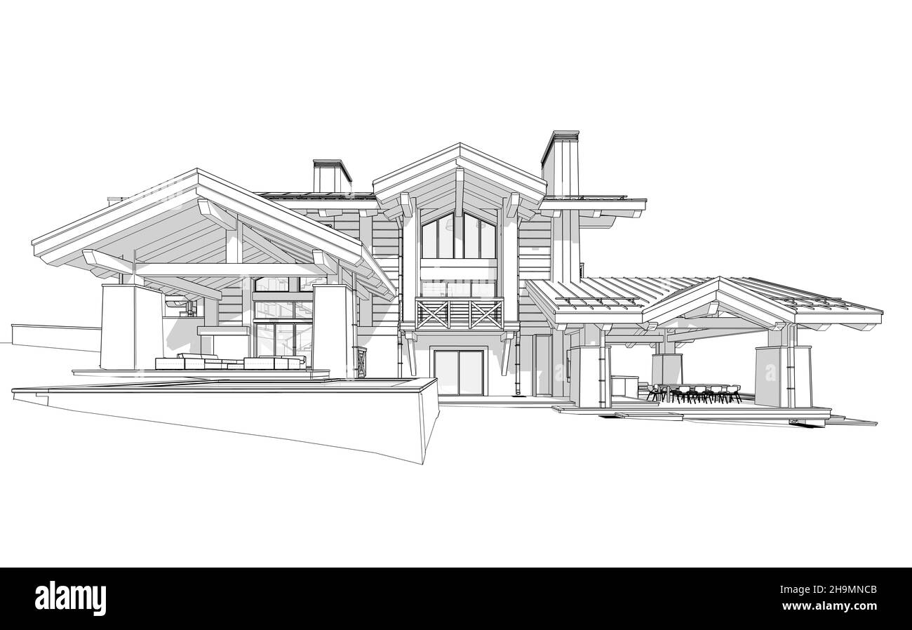 3d rendering di chalet moderno e accogliente con piscina e parcheggio in vendita o in affitto. Colonne con travi in legno massiccio. Schizzo di linea nera con ombre chiare tenue attive Foto Stock