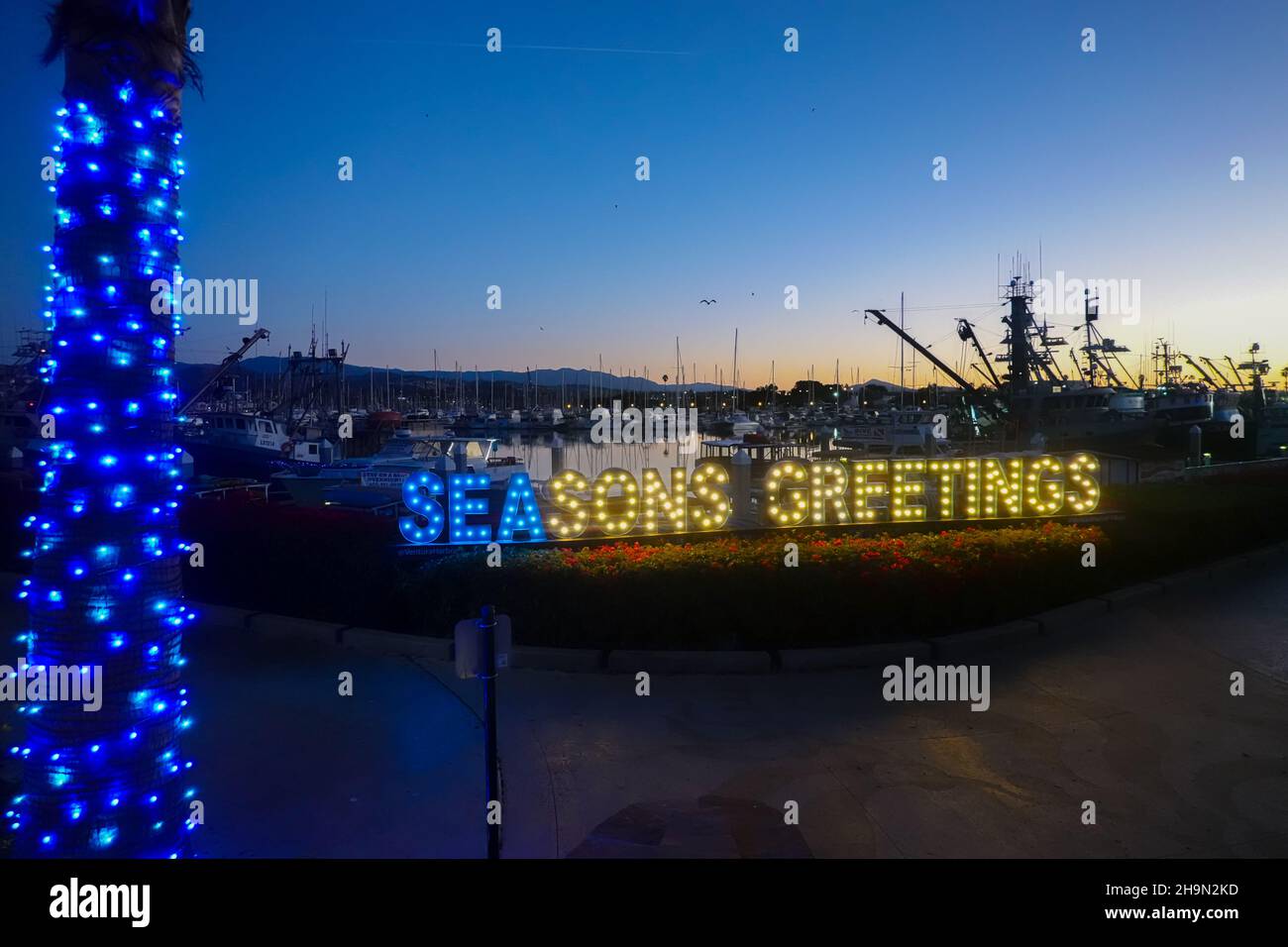 Season saluti luce mostra a Ventura Harbour, California, Stati Uniti d'America Foto Stock