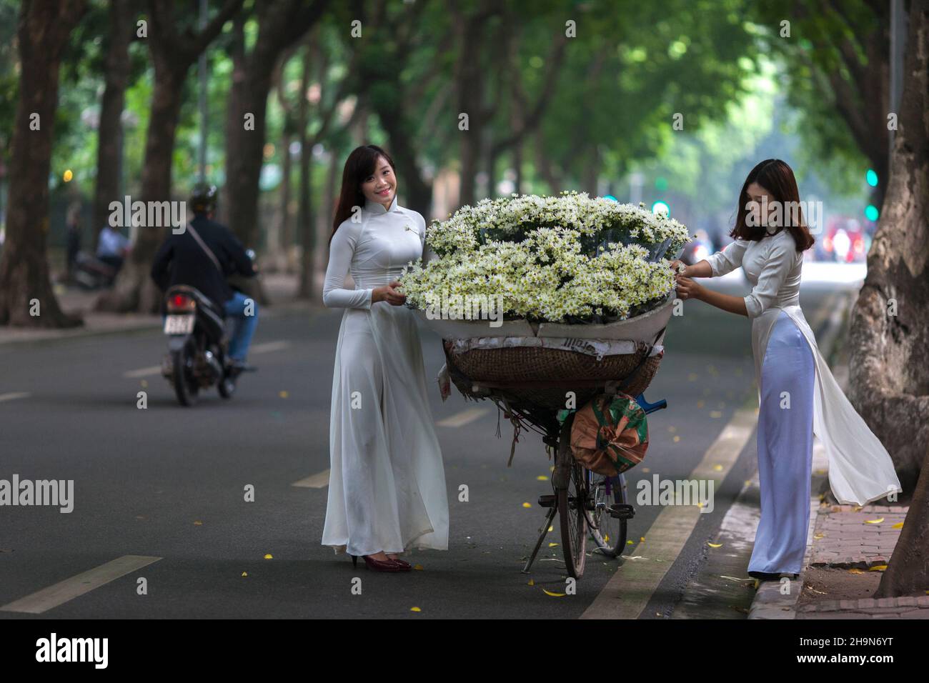 Abito tradizionale vietnamita l'Ao dai è uno dei costumi indispensabili del popolo vietnamita. Ao dai onora la bellezza discreta, le curve dolci di Foto Stock