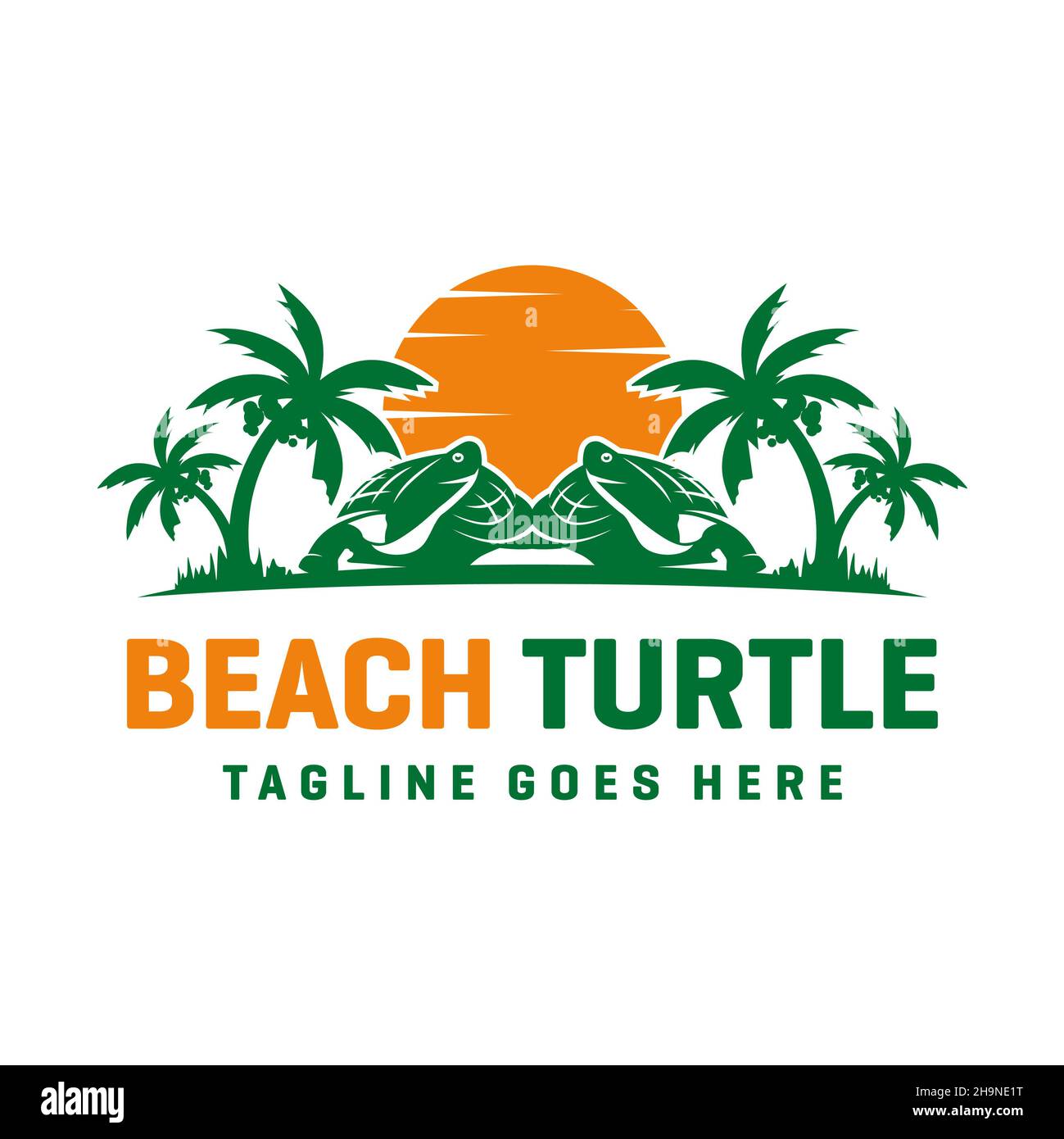 modello di design con logo tartaruga sulla spiaggia Foto Stock