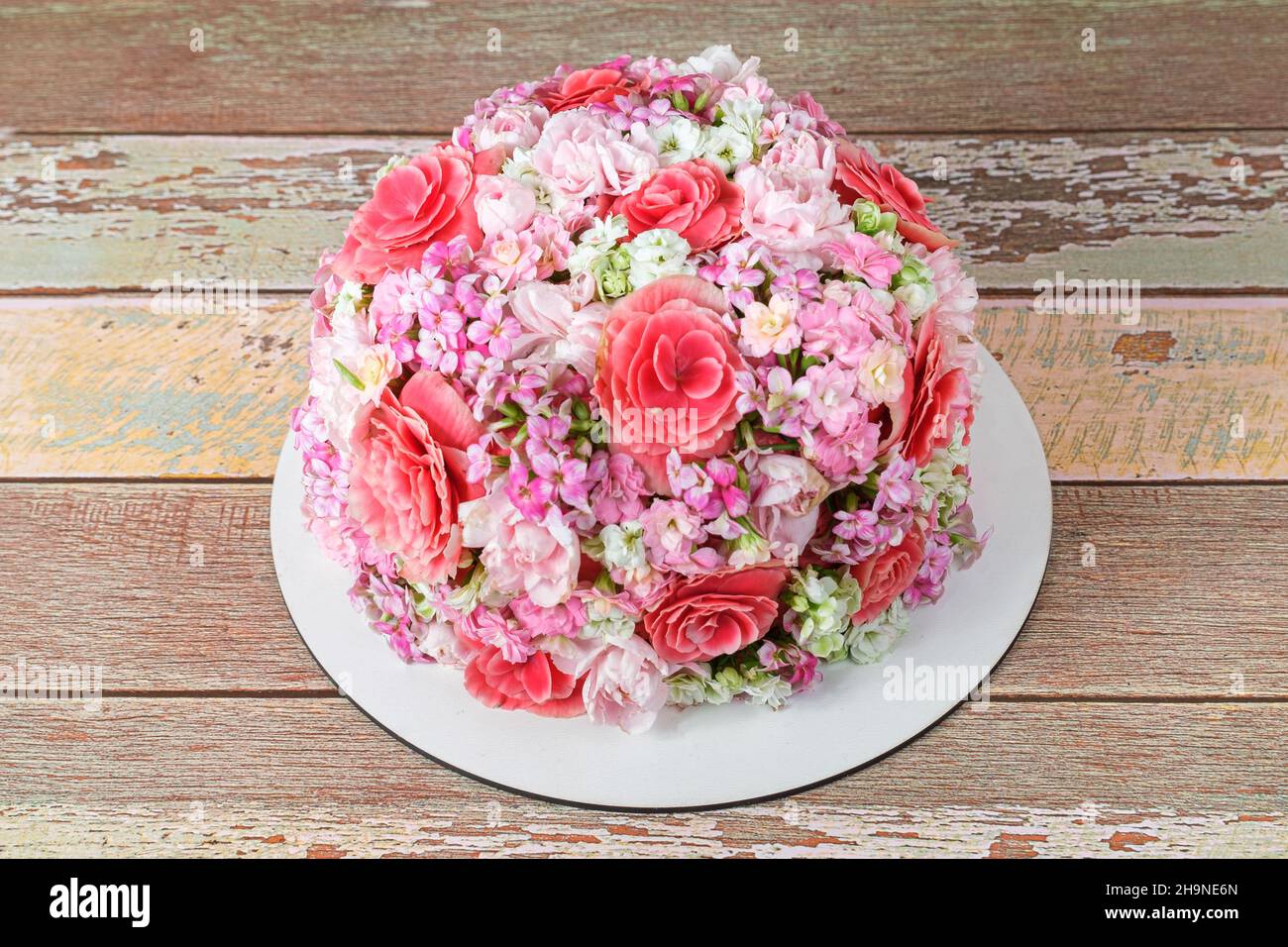 Torta alla vaniglia ricoperta di fiori commestibili di Kalanchoe. Foto Stock