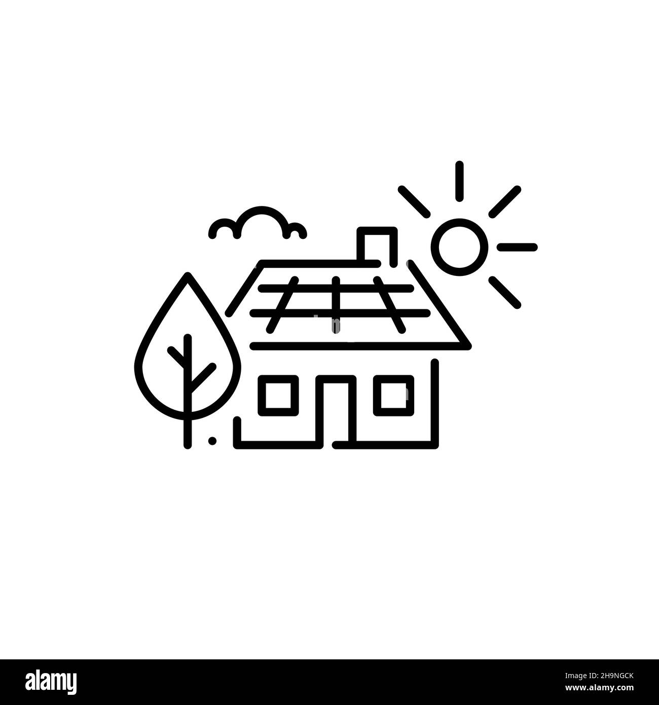 Casa con pannelli solari. Fonte di energia alternativa sostenibile. Icona tratto modificabile pixel Perfect Illustrazione Vettoriale