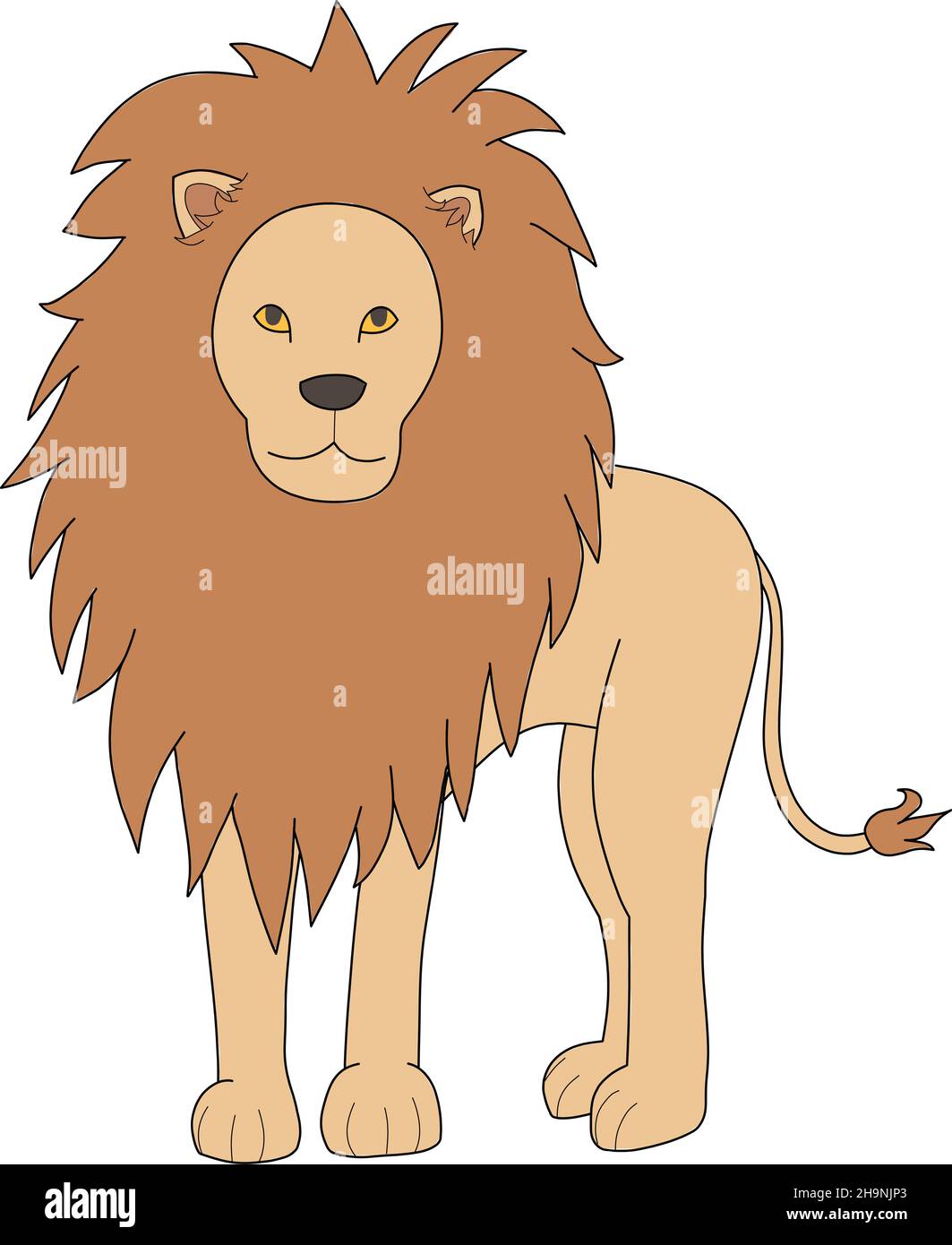 Illustrazione vettoriale a colori disegnata a mano di un leone maschile cartoon con una soffice criniera in piedi e in avanti Illustrazione Vettoriale