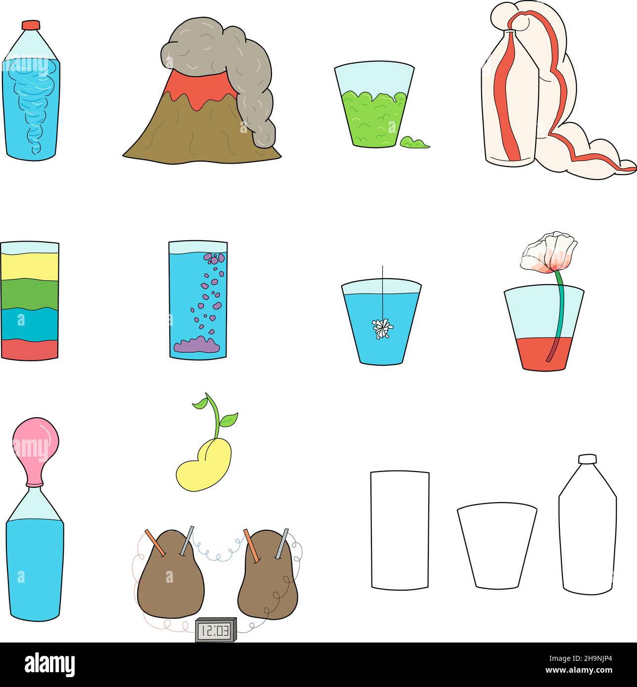 Illustrazioni vettoriali a colori disegnate a mano di progetti di scienza educativa per bambini, tra cui vulcano, calce, cristallo, piante e dentifricio elefante Illustrazione Vettoriale