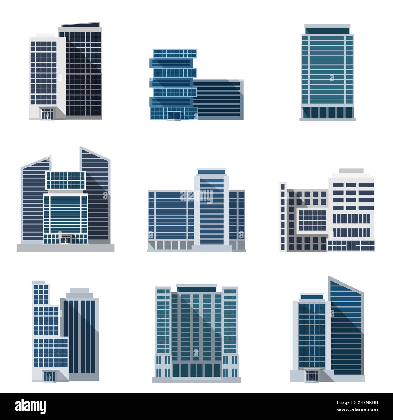 Edifici per uffici e business center icone piatte impostano vettore isolato illustrazione Illustrazione Vettoriale