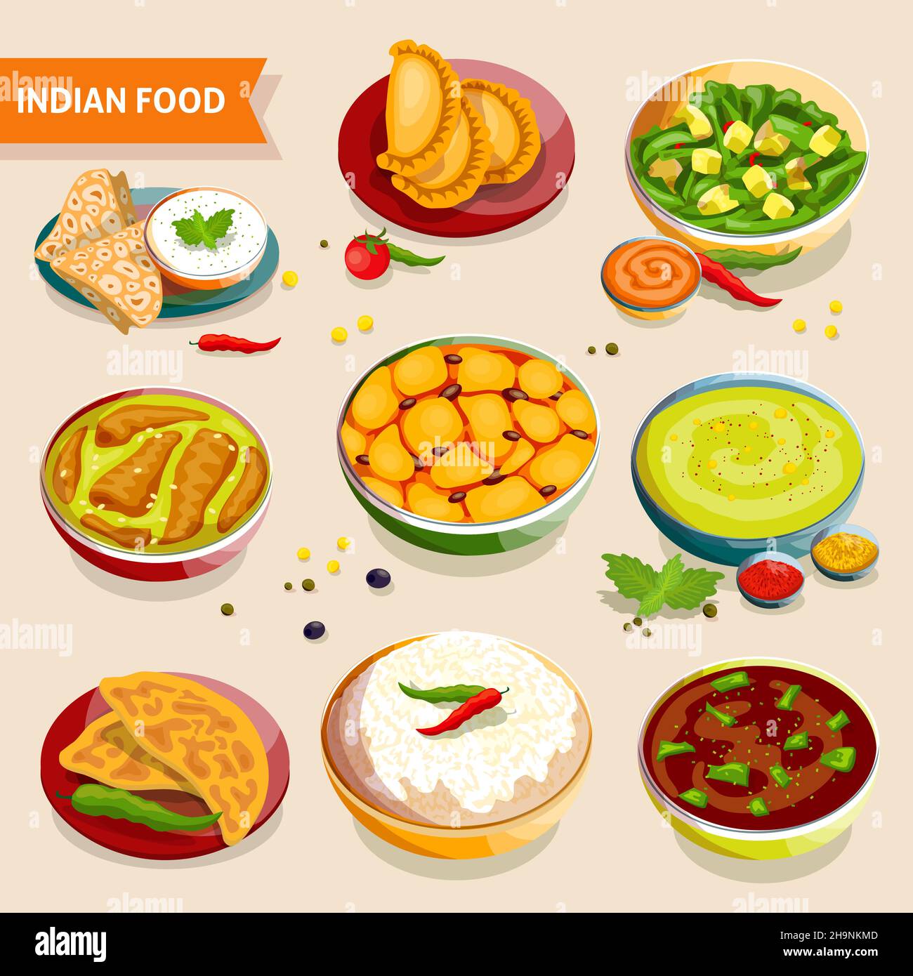Set di piatti indiani nazionali con pollo ai fagioli di riso illustrazione vettoriale di verdure e spezie di carne Illustrazione Vettoriale