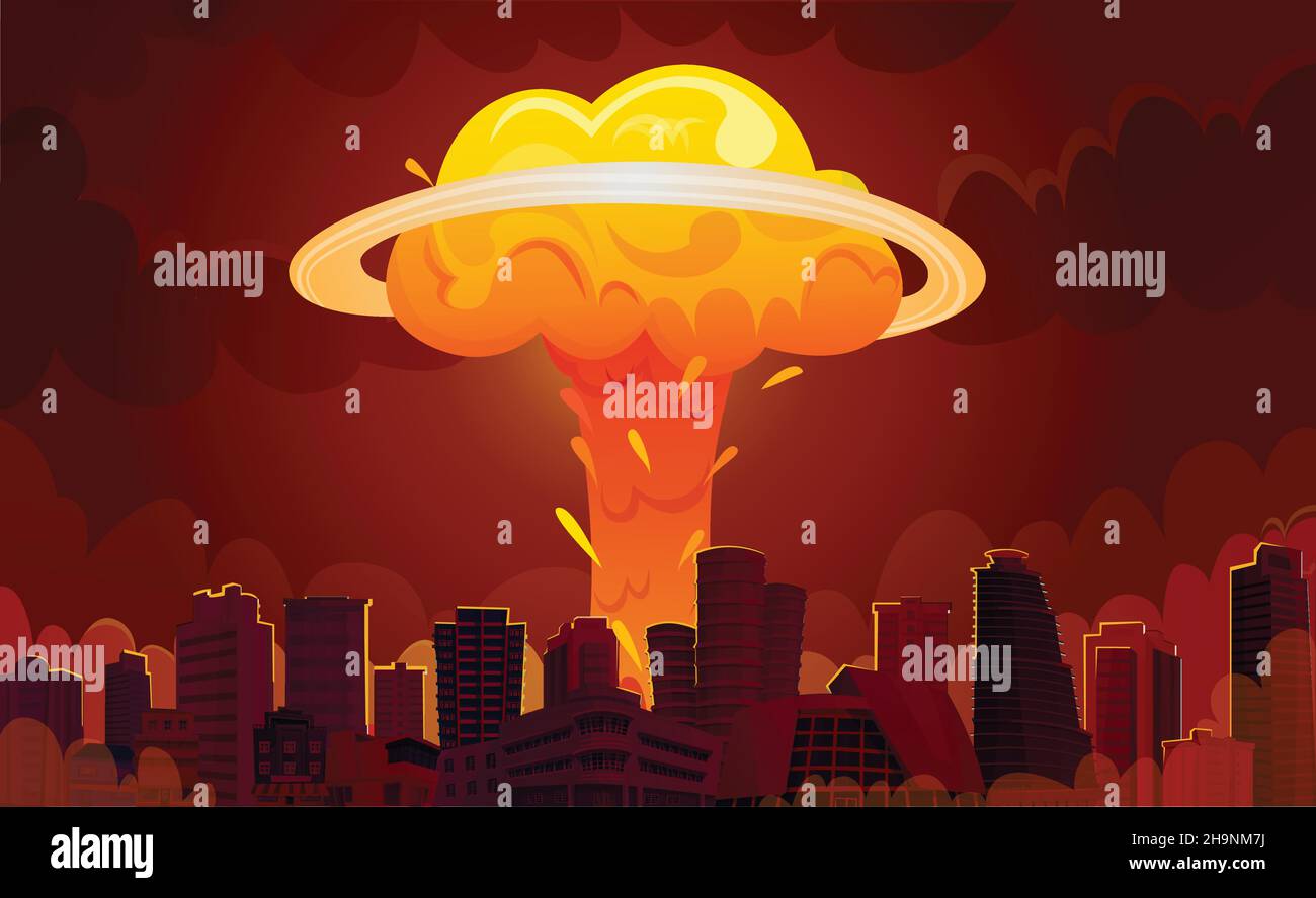 Grattacieli del centro città con esplosione nucleare di fuoco arancione brillante illustrazione vettoriale cartoon retrò nuvole di funghi Illustrazione Vettoriale