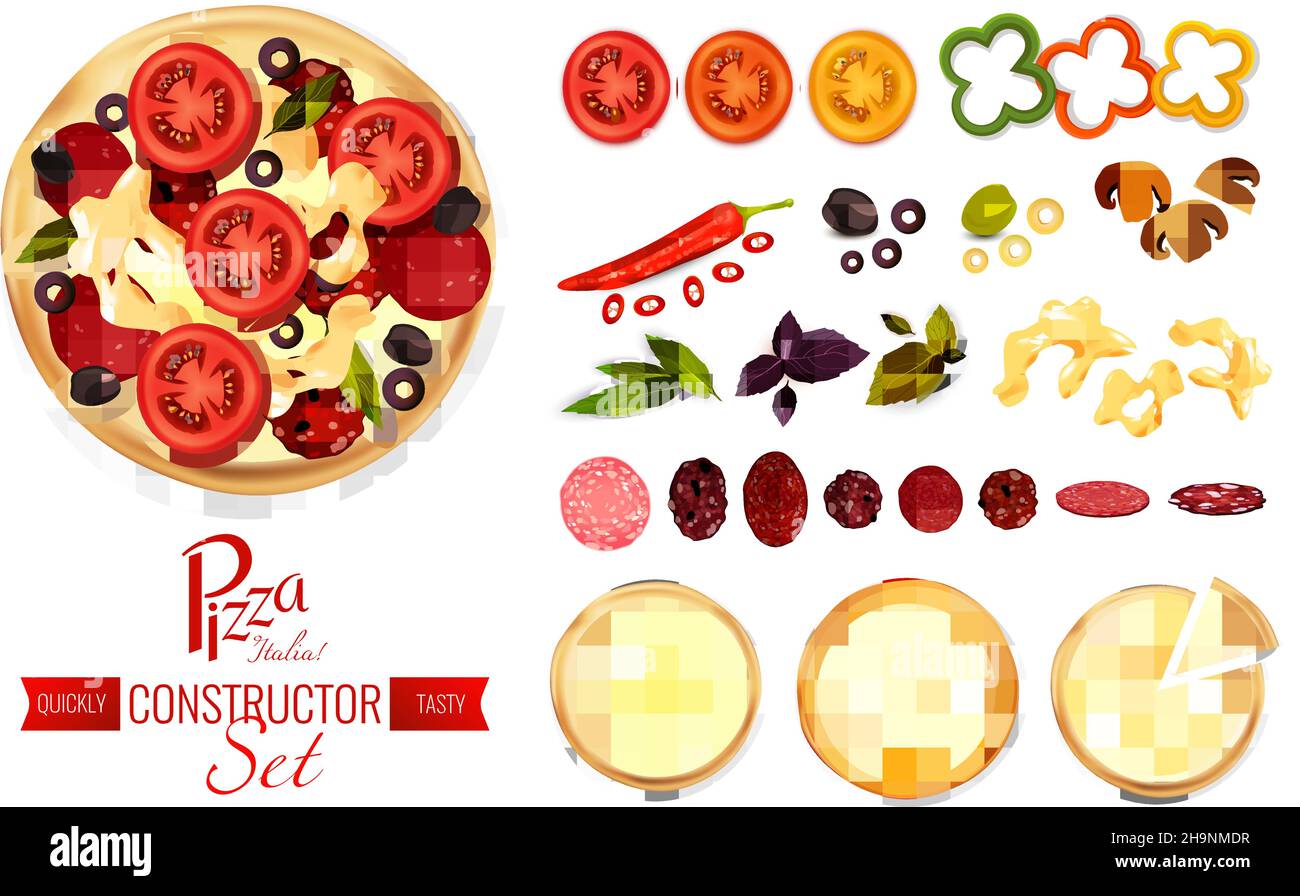 Set di costruttori di pizze con immagini piatte isolate di spezie di pomodoro fette di salame e crosta con illustrazione vettoriale del testo Illustrazione Vettoriale