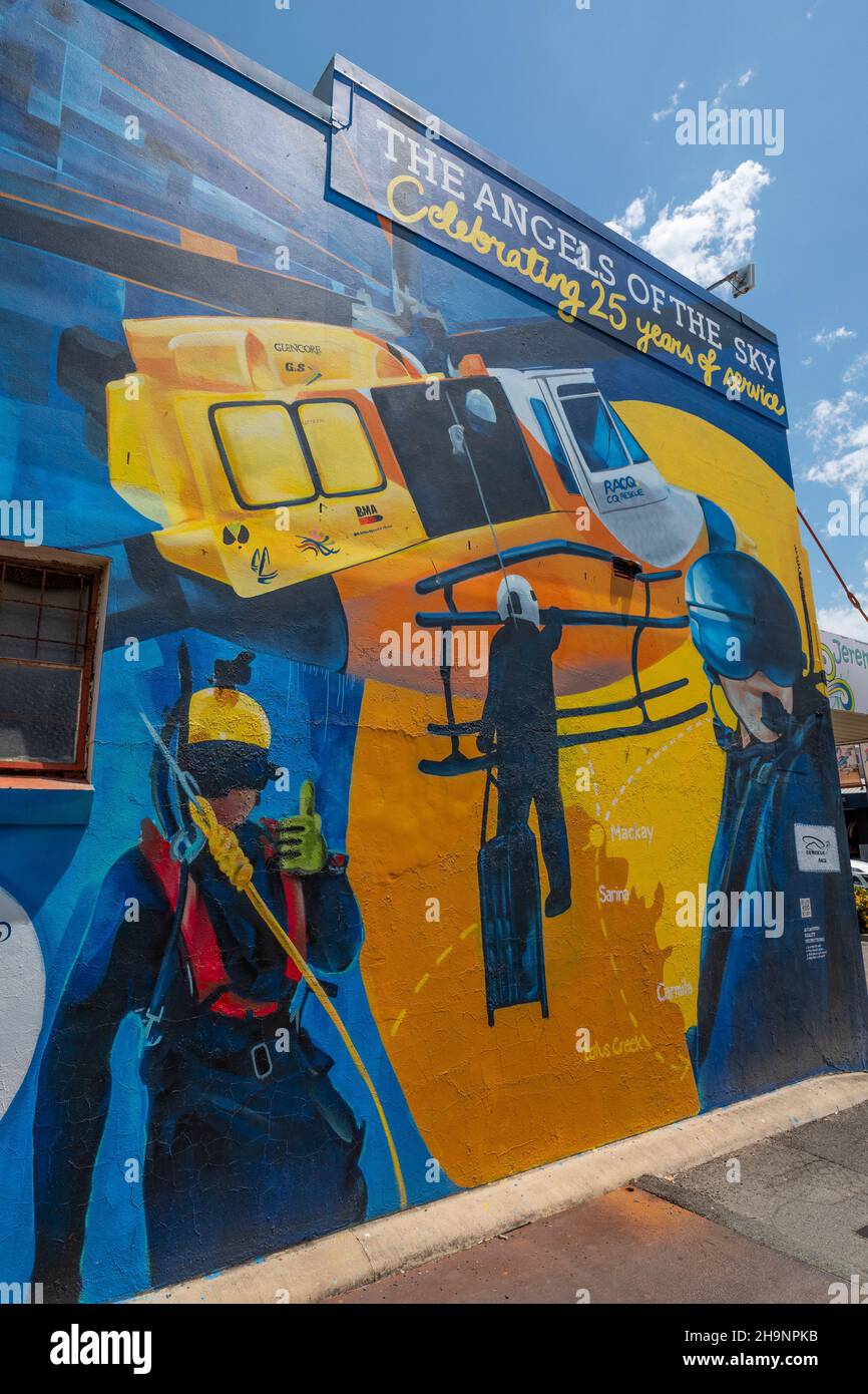RACQ CQ Rescue promozionale muro murale nel centro di Mackay nel Nord Queensland, australia Foto Stock