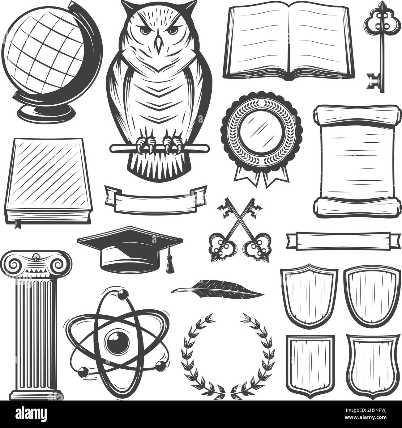 Gli elementi dell'università e dell'accademia d'epoca sono impostati con oggetti didattici e. simboli in un'illustrazione vettoriale isolata in stile monocromatico Illustrazione Vettoriale Gli elementi dell'università e dell'accademia d'epoca sono impostati con oggetti didattici e. simboli in un'illustrazione vettoriale isolata in stile monocromatico Illustrazione Vettoriale