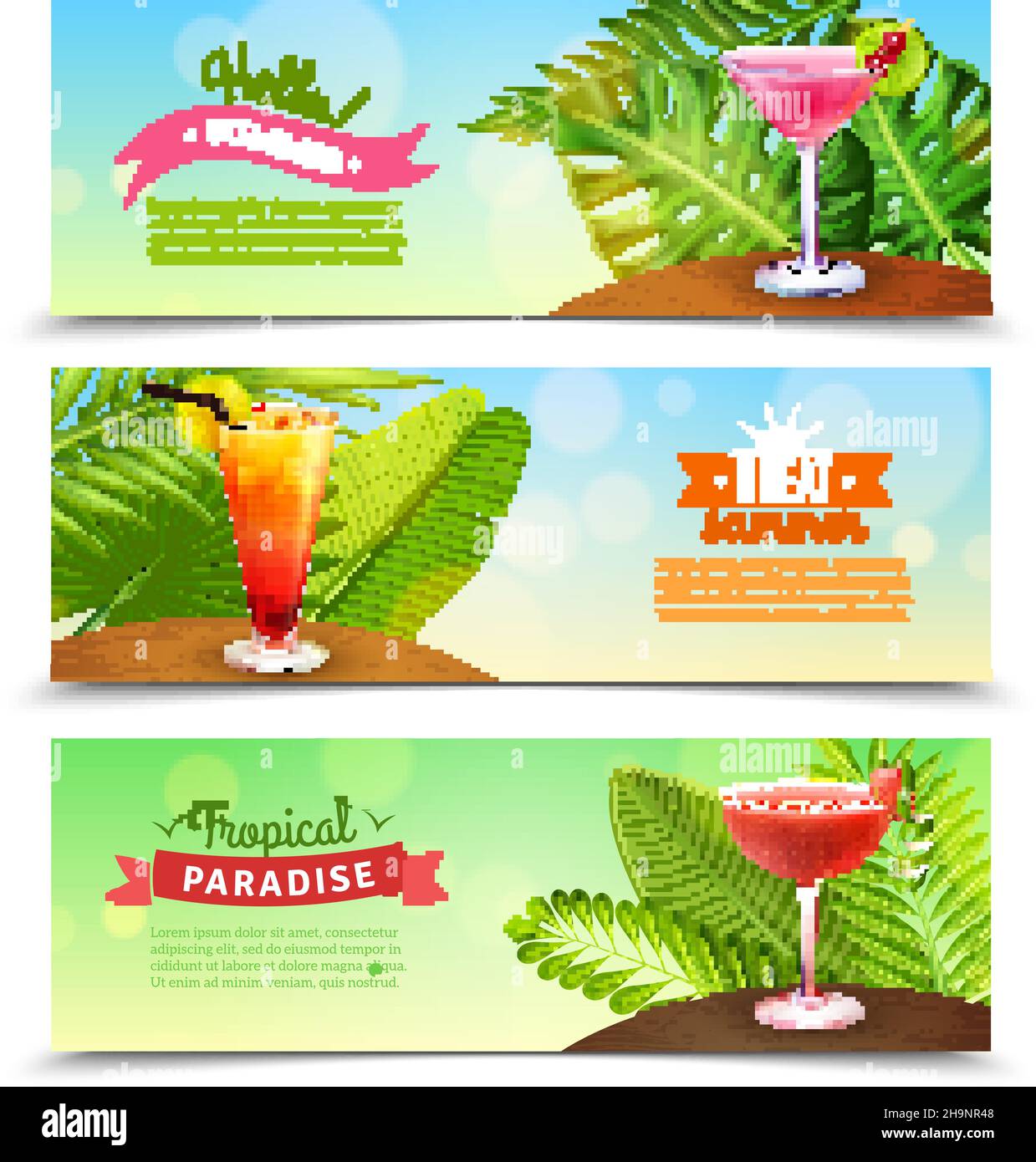 Paradiso tropicale vacanza estiva 3 orizzontale luminoso soleggiato banner set con cocktail al rum punch illustrazione vettoriale isolata Illustrazione Vettoriale
