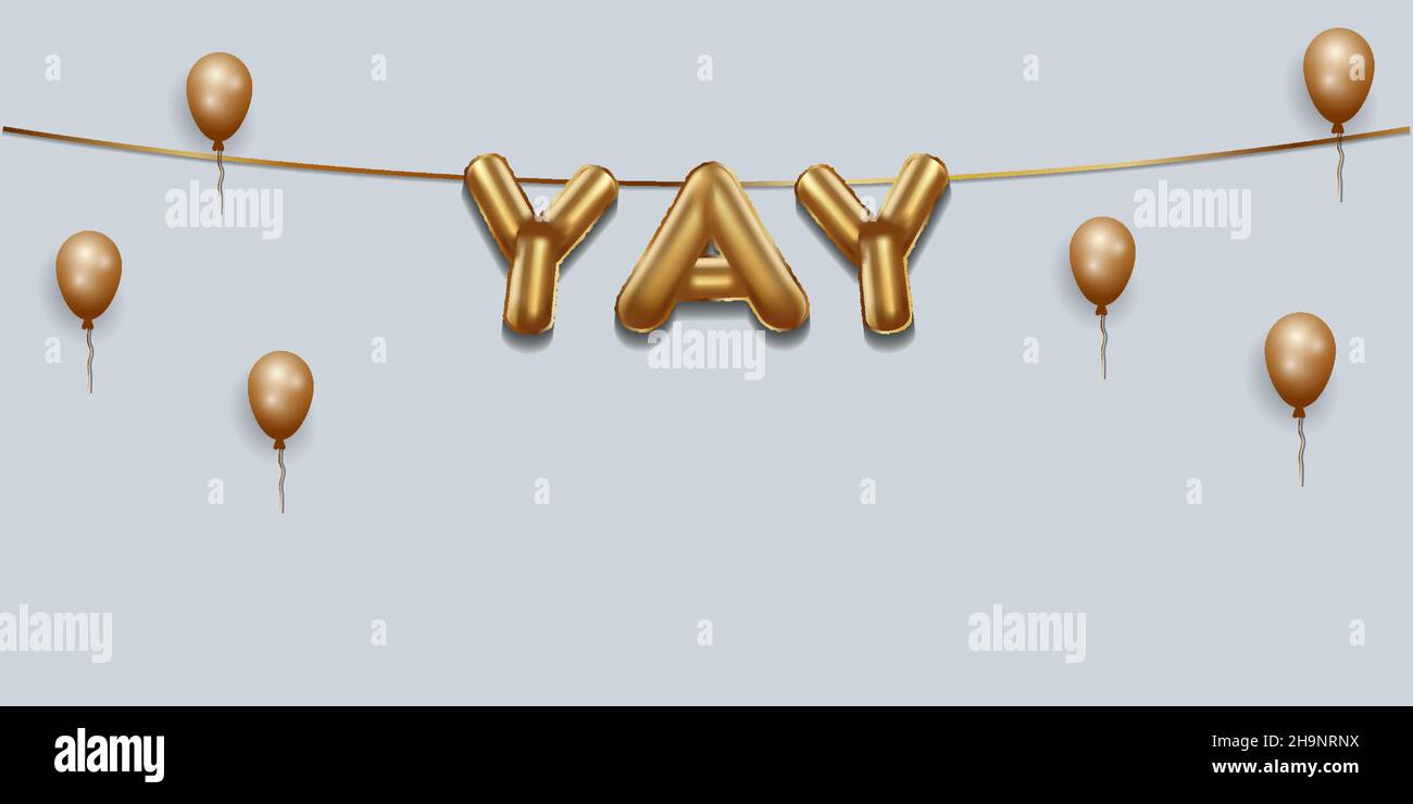 yay scritto con palloncini d'oro di foglio. yay scritta con palloncini d'oro realistici. yay tipografia. disegno vettoriale isolato. yay sfondo con copia spac Illustrazione Vettoriale