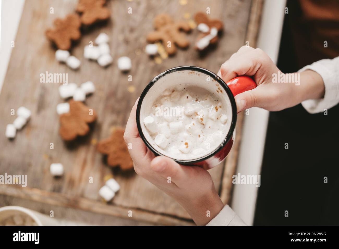 Una tazza di cacao con marshmallows primo piano, sullo sfondo dei biscotti di Natale. Dolci di Natale con cacao e marshmallow per i bambini su una w Foto Stock