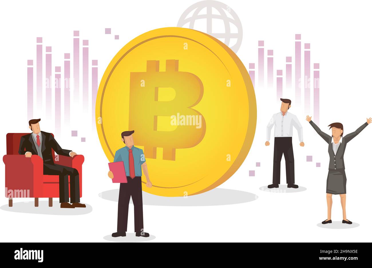 Uomini d'affari che vedono il valore di Bitcoin. Concetto finanziario e commerciale di bitcoin e criptovaluta. Illustrazione vettoriale isolata. Illustrazione Vettoriale