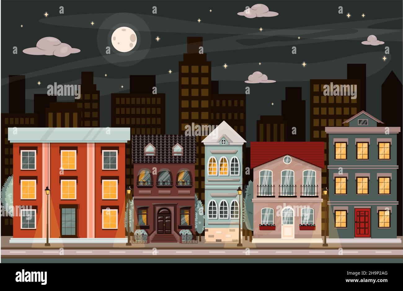 Strada notturna vettoriale con case in città. Illustrazione di cartoni animati con centro e area con edifici di appartamenti lo sfondo è in uno stile piatto Illustrazione Vettoriale