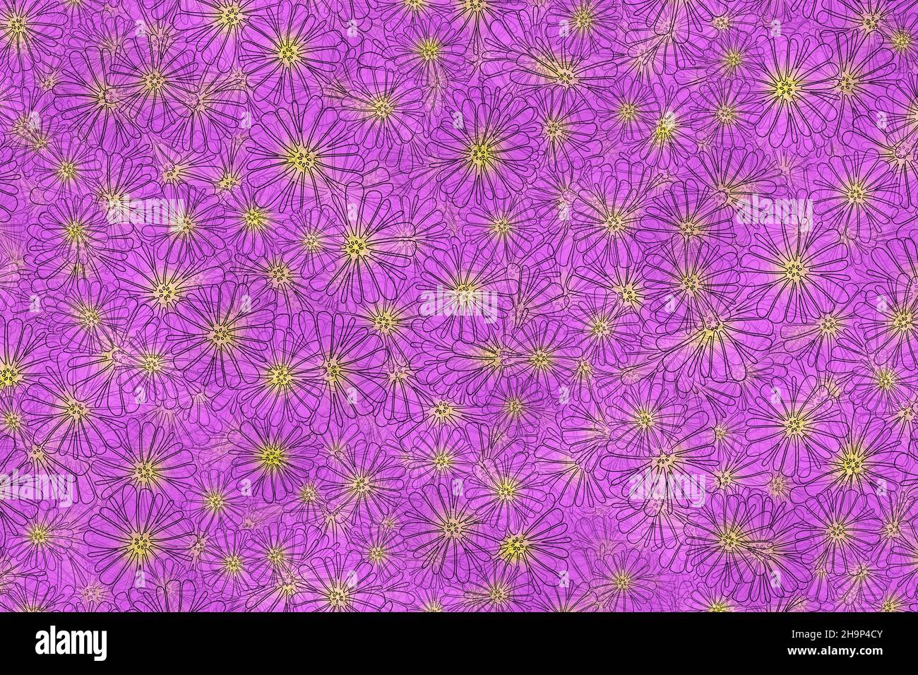 Illustrazione di sfondo di strati di fiori viola stilizzati e trasparenti. Foto Stock