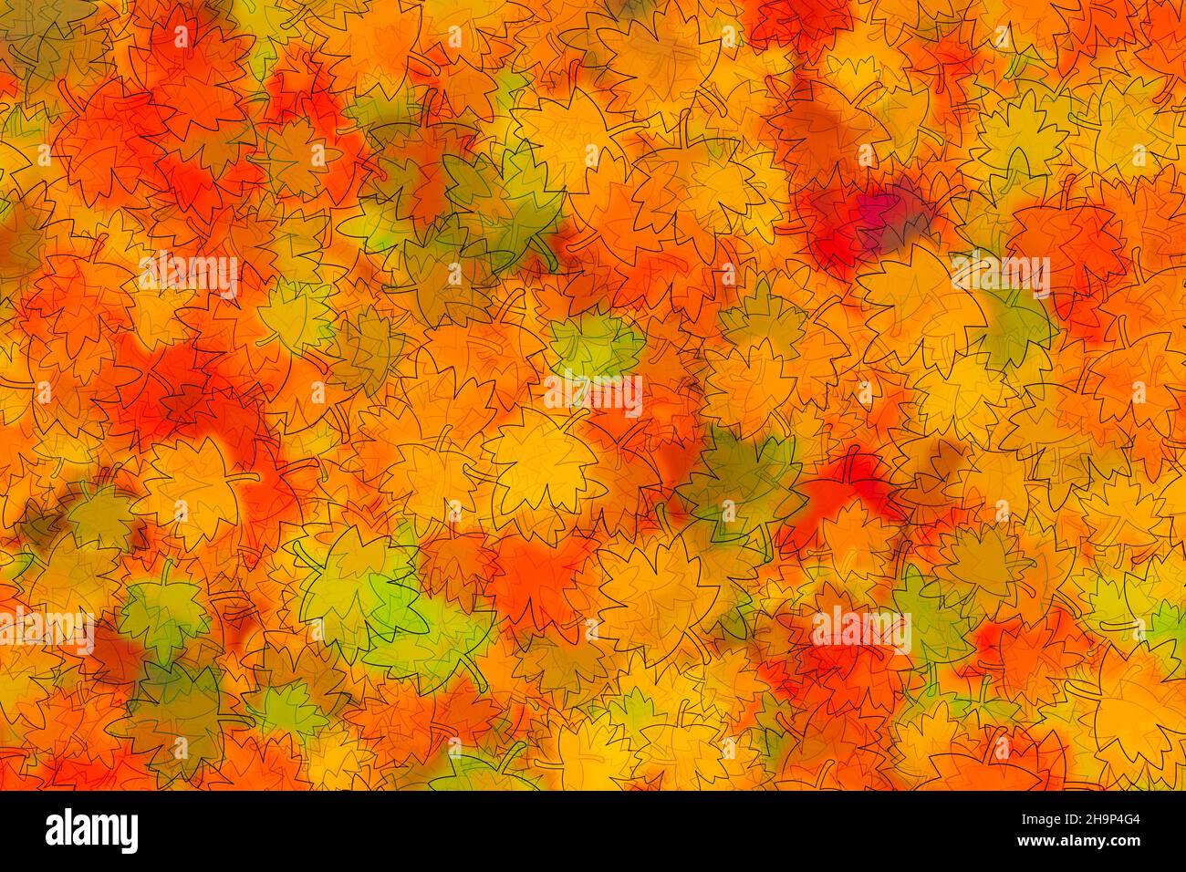 Illustrazione astratta di strati di foglie di acero di dimensioni diverse in arancione e verde. Concetto autunnale. Foto Stock