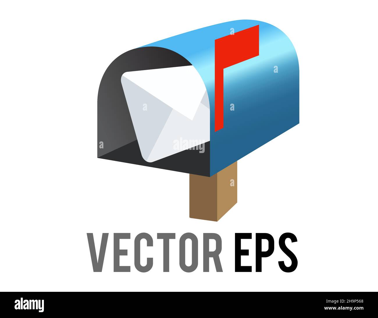 Il vettore isolato blu casella di posta aperta, letterbox, icona casella postale con bandiera rossa raffigurata in blu e busta bianca Illustrazione Vettoriale