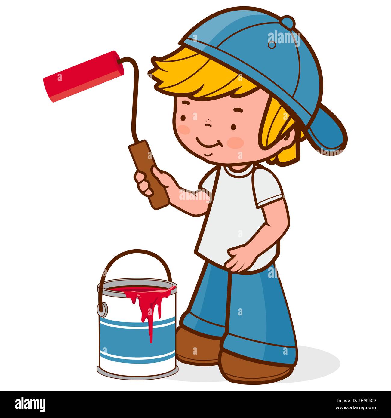 Bambini che dipingono con un rullo per pittura e un secchio per pittura. Il ragazzo pittore gioca e dipinge le pareti con una lattina di vernice rossa e un pennello. Foto Stock