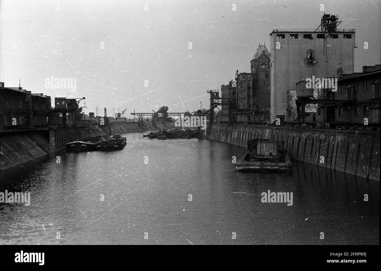 Wroc³aw, 1949-02. Port Miejski wraz z przyleg³¹ infrastruktur¹ zbudowano w latach 1897-1901 na Kleczkowie. NZ. kana³ portowy od strony wschodniej. Na nabrze¿u m.in. Magazyn portowy nr 2 (P). W tle ¿uraw prze³adunkowy. pw PAP Dok³adny dzieñ wydarzenia nieustalony. Wroclaw, febbraio 1949. Il Porto Municipale e le sue infrastrutture costruite a Kleczkow dal 1897 al 1901. Nella foto: Un canale portuale dal lato orientale. Sul molo n. 2 porto magazzino (a destra). Sullo sfondo una gru di ricarico. pw PAP Foto Stock