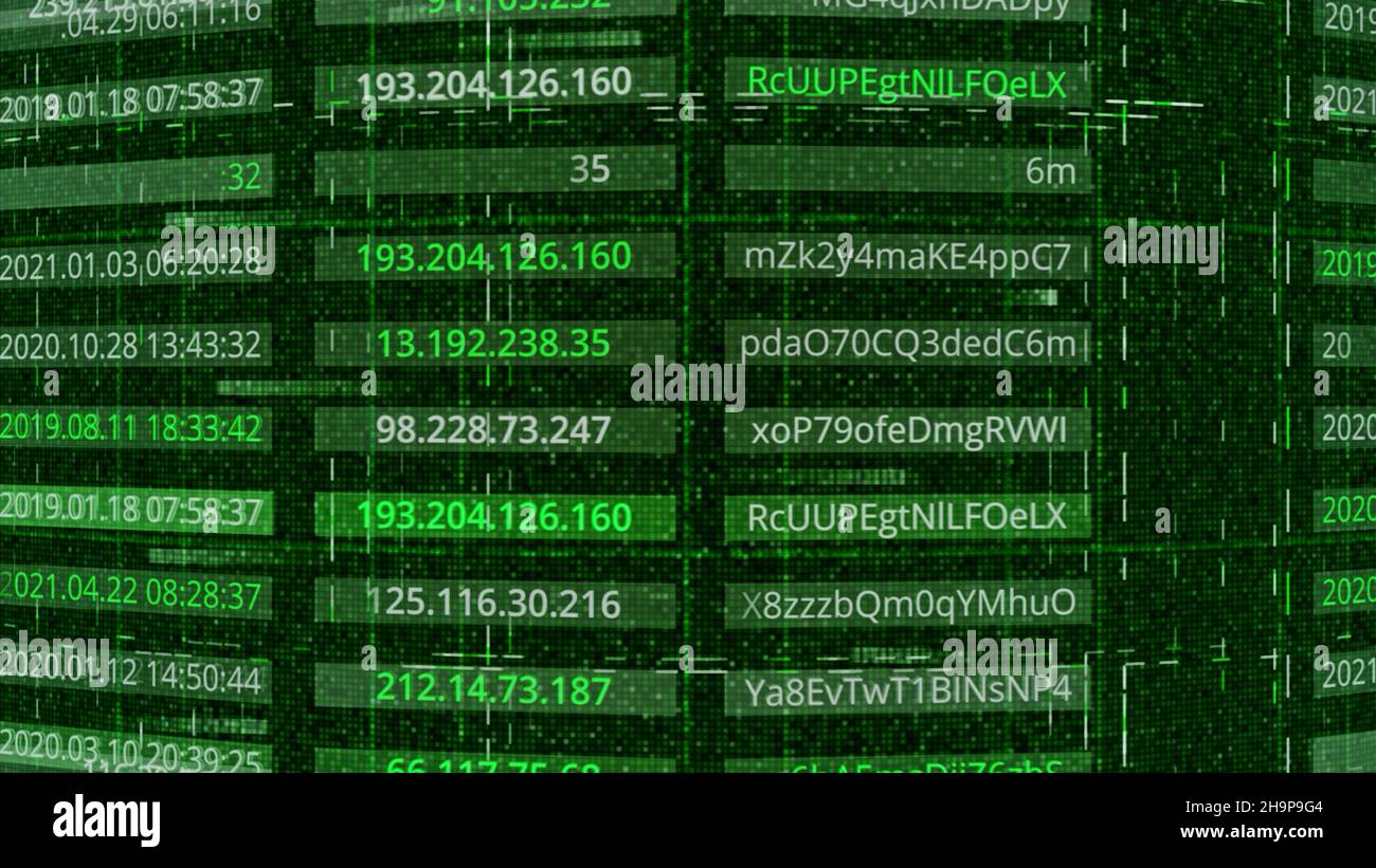 Hacking di password e indirizzi. Animazione. Le password e gli indirizzi sono pubblicamente disponibili dopo essere stati violati dagli hacker. Configurazioni password in t Foto Stock