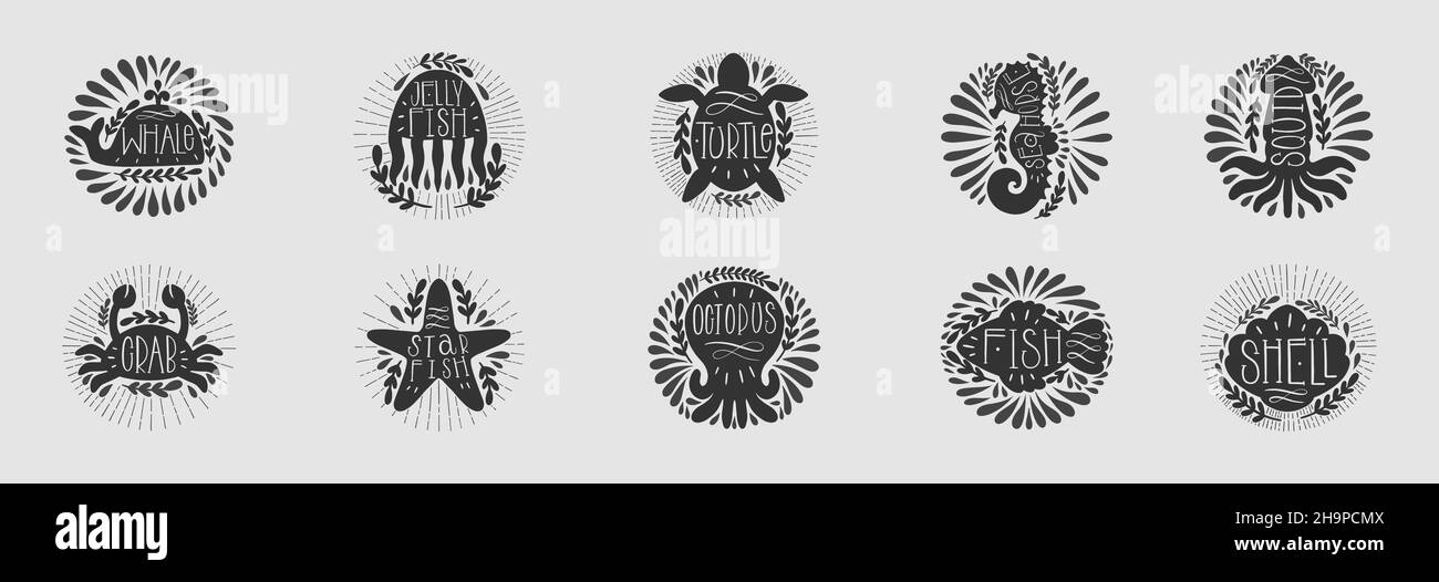Set di elementi icona simbolo logo.stile disegno a mano vintage. Timbro per forma rotonda. Illustrazione Vettoriale