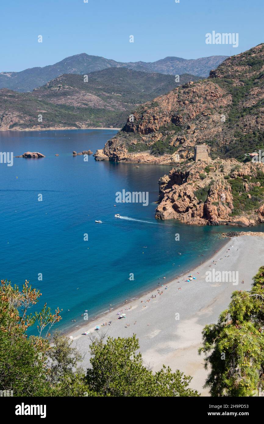 Porto, dipartimento Corse-du-Sud (Corsica meridionale): La spiaggia, il porto turistico e la torre genovese Foto Stock