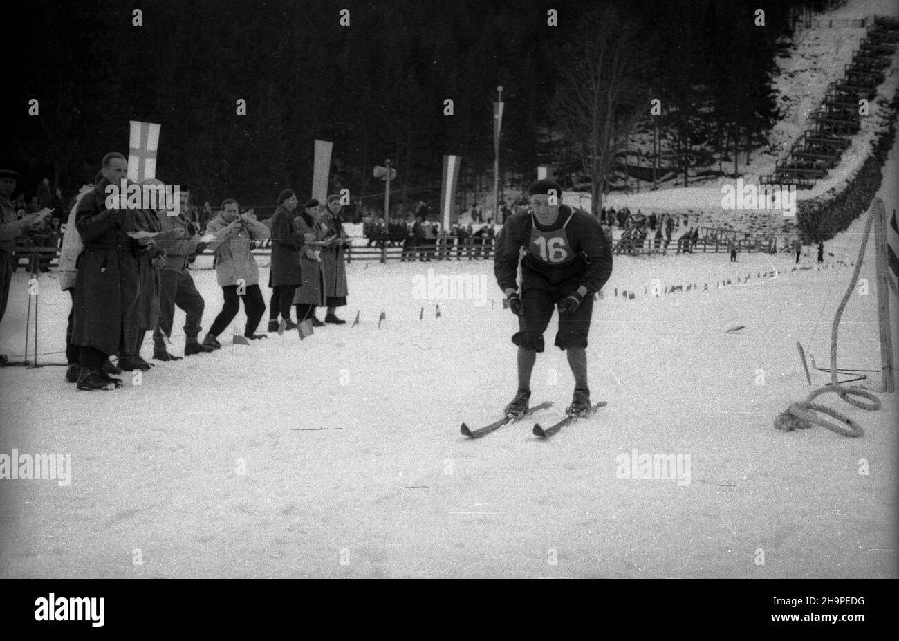 Zakopane, 1949-02-24. Od 23 lutego do 3 marca odbywa³y siê Miêdzynarodowe Zawody Narciarskie o Puchar Tatr. Zgromadzi³y uno kilkudziesiêciu sportowców z polski, Bu³garii, Czechos³owacji, Finlandii, Rumunii i Wêgier. Pierwszego dnia zawodów odby³ siê bieg mê¿czyzn na 18 kilometrów, zaliczany do kombinacji norweskiej. Inizio i meta znajdowa³y siê Stadionie Pod Krokwi¹. Zwyciê¿y³ Jaroslav Cardal z Czechos³owacji. NZ. Jaroslav Sipek z Czechos³owacji na mecie biegu. pw PAP Zakopane, 24 febbraio 1949. Il Concorso Internazionale di Sci per la Coppa dei Monti Tatra si è tenuto il 23 febbraio a ma Foto Stock