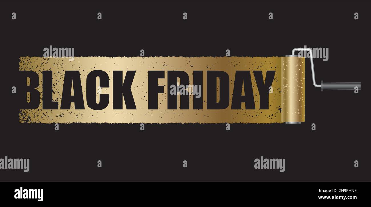 Black Friday Vector Vendita Banner con un rullo di vernice oro sfondo isolato su uno sfondo nero. Illustrazione Vettoriale
