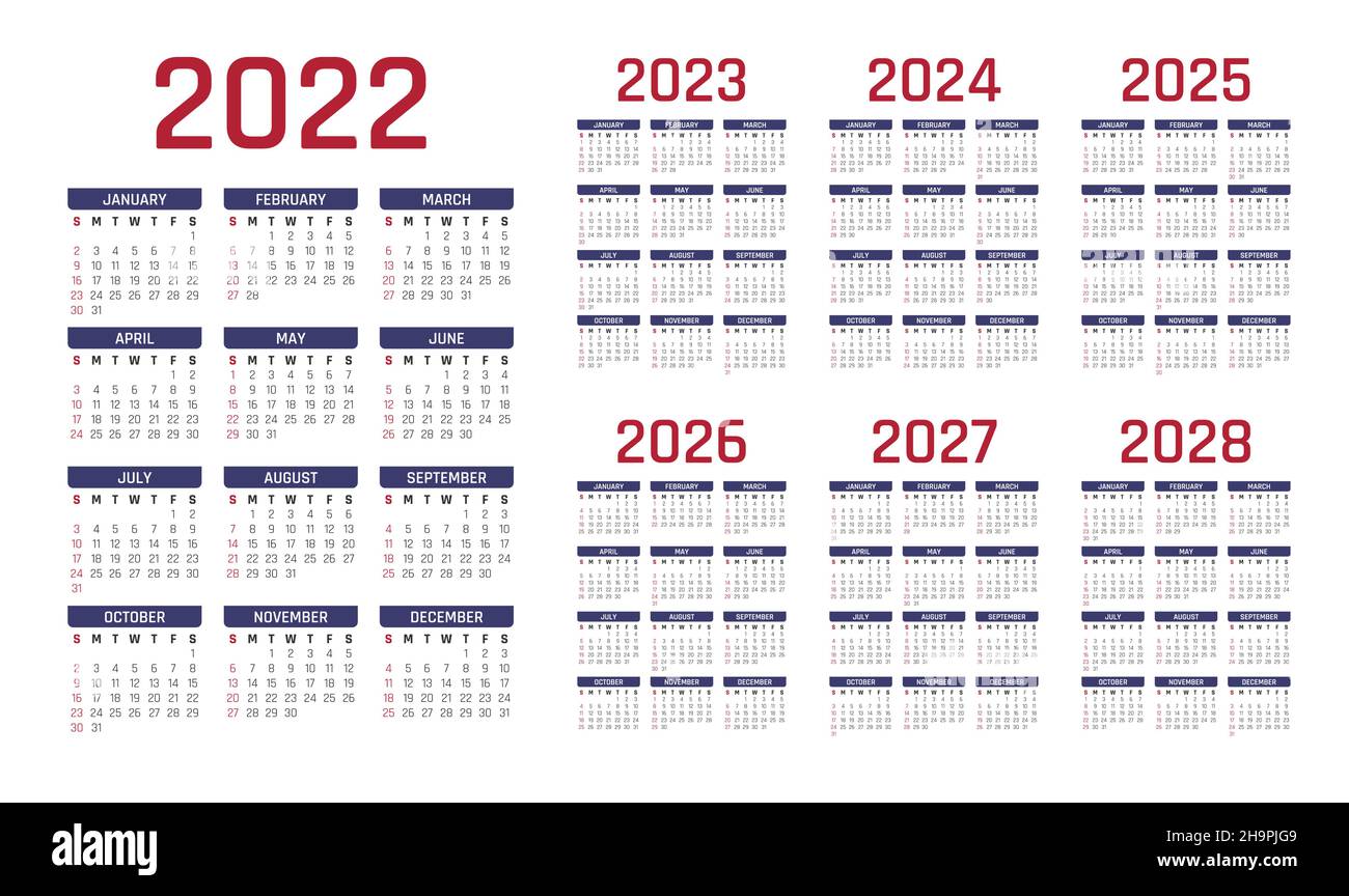20222028 Calendario inglese. calendario 2022. calendario 2023