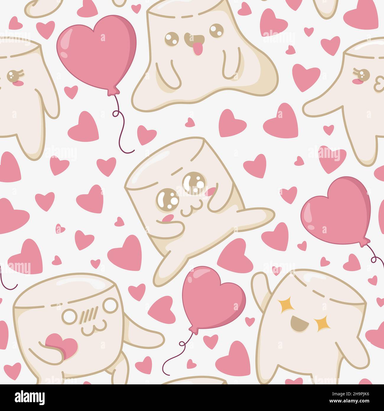 Modello senza cuciture con marshmallow kawaii masticare un cuore di caramelle circondato da dolci diversi. Kawaii Marshmallow personaggi in stile piatto. Illustrazione Vettoriale