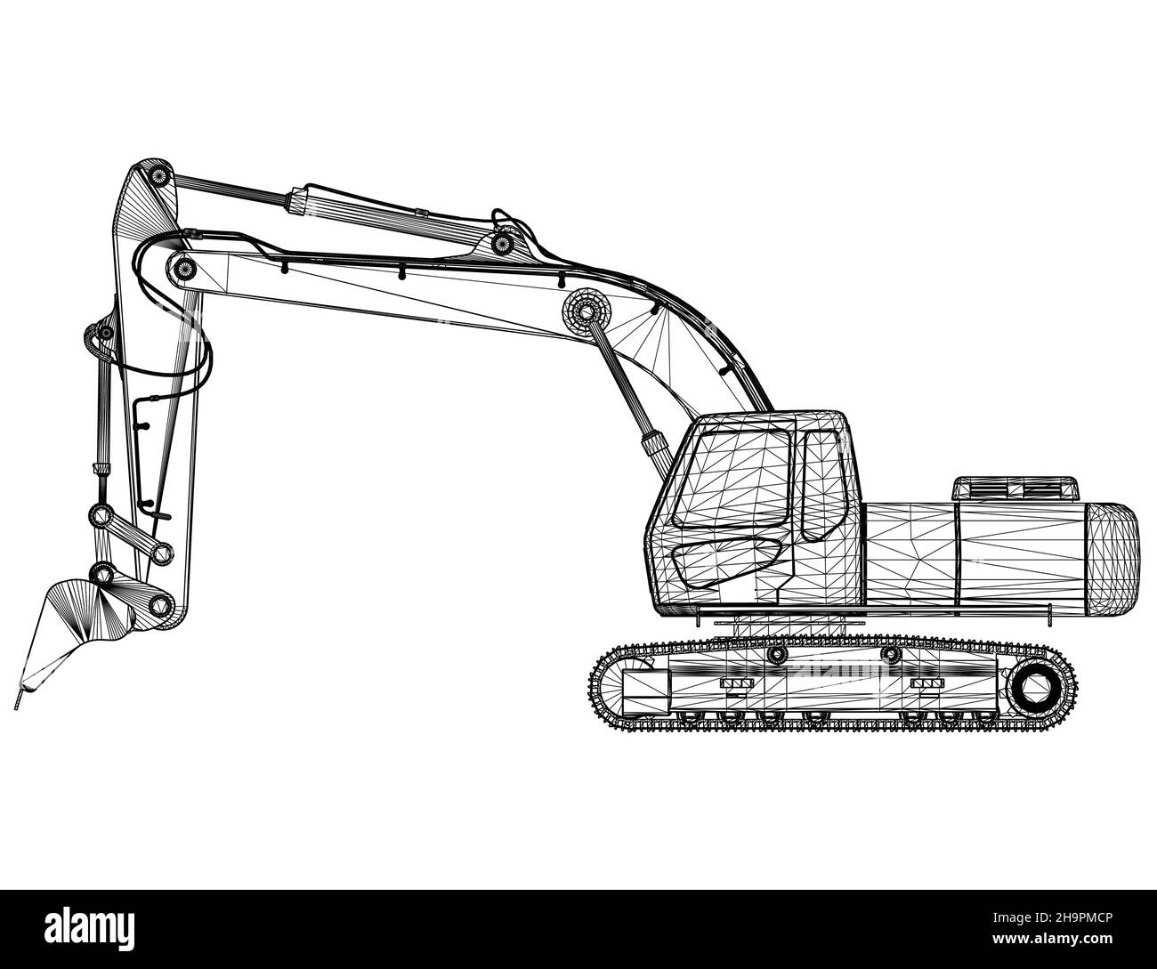 Struttura a reticolo dell'escavatore da linee nere isolate su sfondo bianco. Vista laterale. 3D. Illustrazione vettoriale. Illustrazione Vettoriale