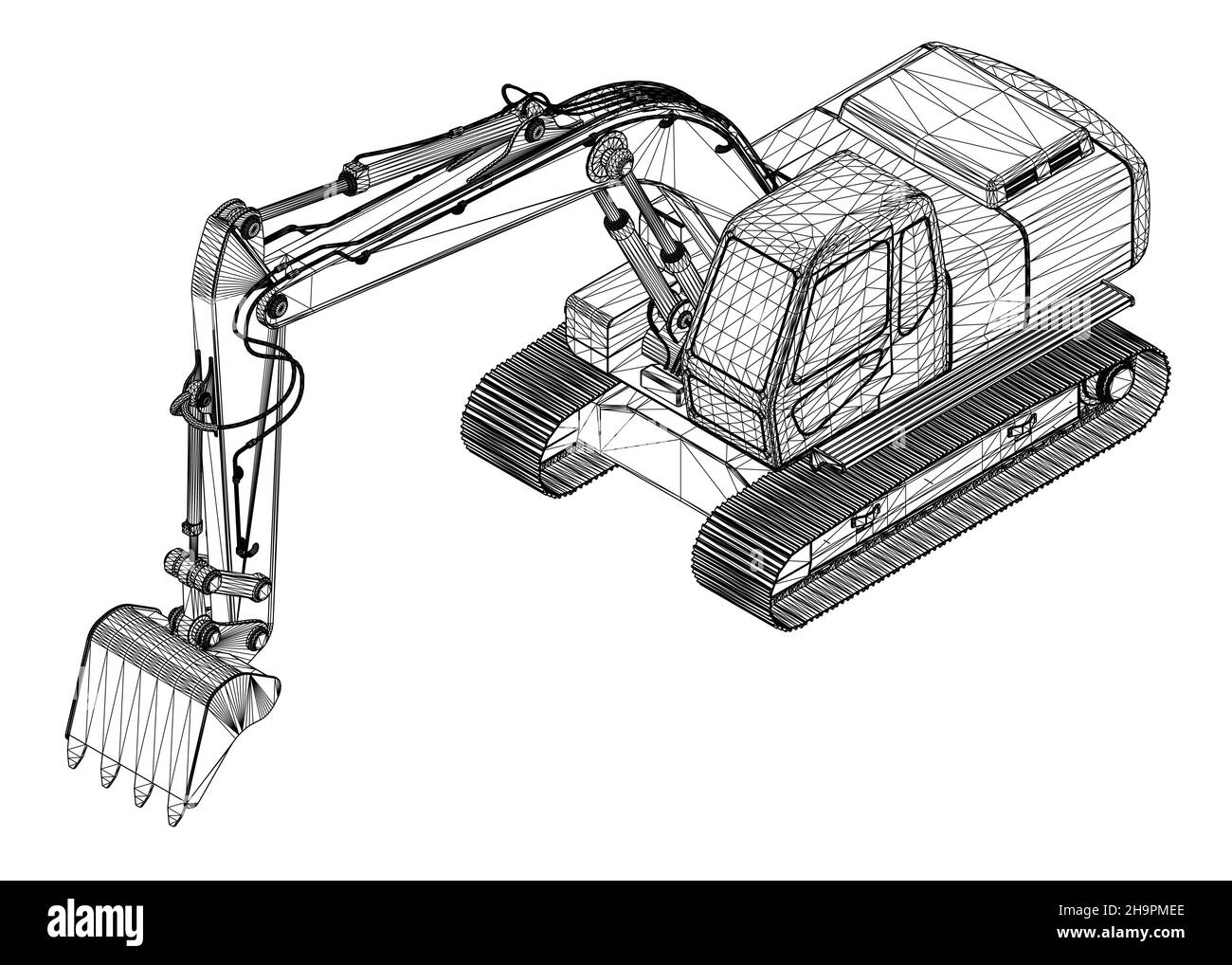 Struttura a reticolo dell'escavatore da linee nere isolate su sfondo bianco. Vista isometrica. 3D. Illustrazione vettoriale. Illustrazione Vettoriale