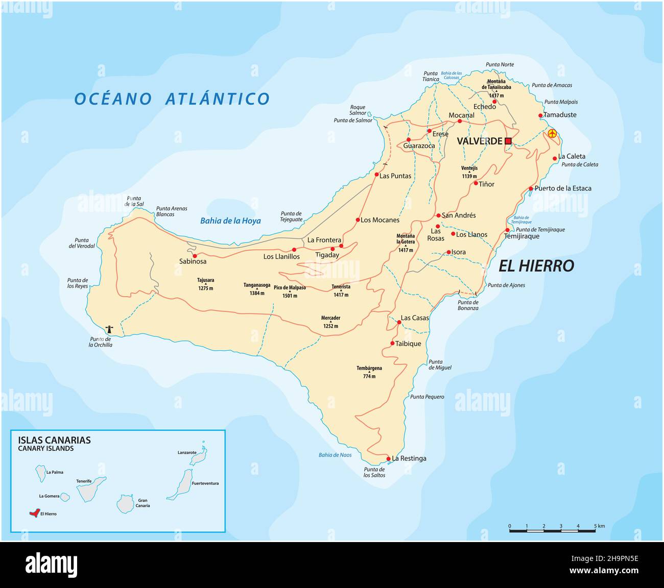 Mappa stradale vettoriale delle Isole Canarie, mappa di el hierro Illustrazione Vettoriale