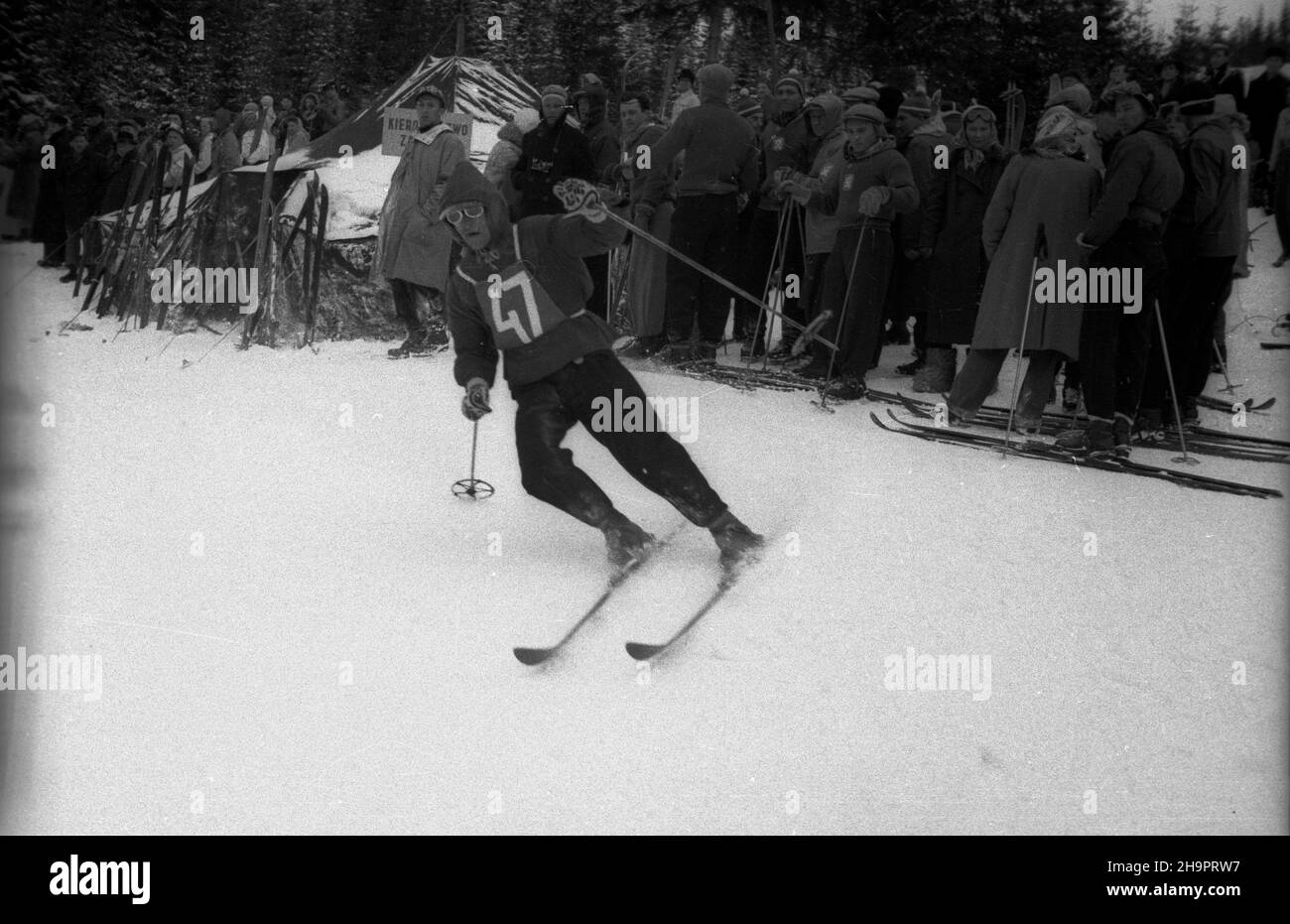 Zakopane, 1949-03-02. W Miêdzynarodowych Zawodach Narciarskich o Puchar Tatr wziê³o udzia³ przesz³o 250 zawodników i zawodniczek reprezentuj¹cych szeœæ pañstw: Czechos³owacjê, Wêgry, Rumuniê Bu³gariê, Finlandiê i Polskê. Konkurencje alpejskie by³y utrudnione przez nag³e pogorszenie pogody, czêœæ konkurencji zosta³a powtórzona. uu PAP Zakopane, 2 marzo 1949. Il concorso internazionale di sci della Coppa Tatra ha riunito oltre 250 concorrenti provenienti da 6 paesi: Cecoslovacchia, Ungheria, Romania, Bulgaria, Finlandia e Polonia. L'improvviso deterioramento del tempo ha ostacolato gli eventi alpini, som Foto Stock