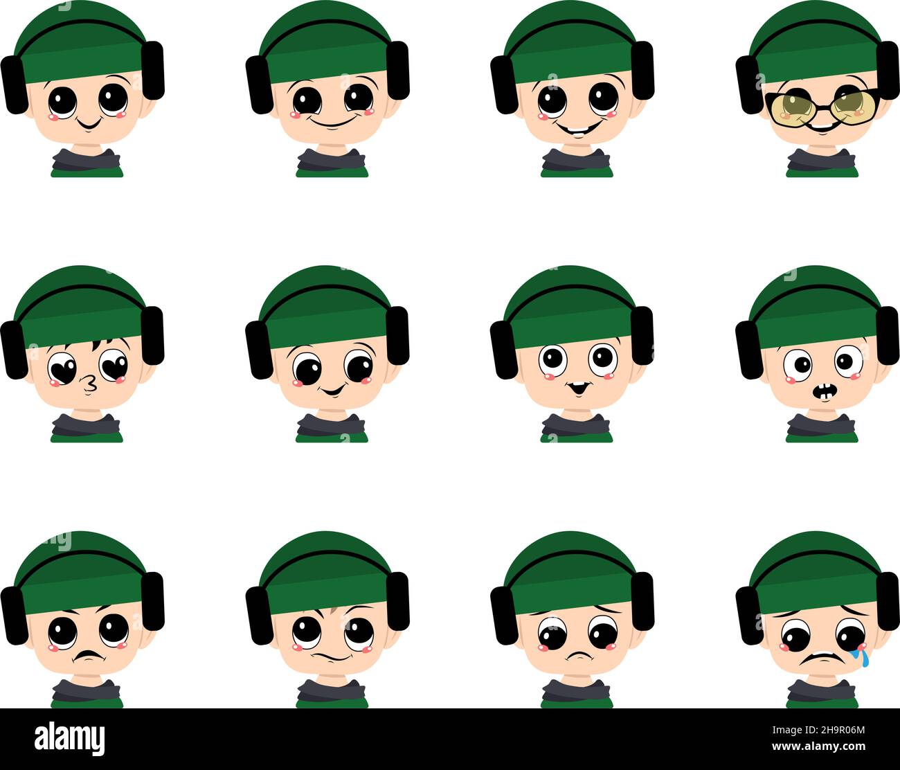 Set di avatar ragazzo con occhi grandi e ampio sorriso e diverse emozioni in cappello verde con cuffie. Bambino carino con faccia gioiosa, triste o arrabbiata Illustrazione Vettoriale