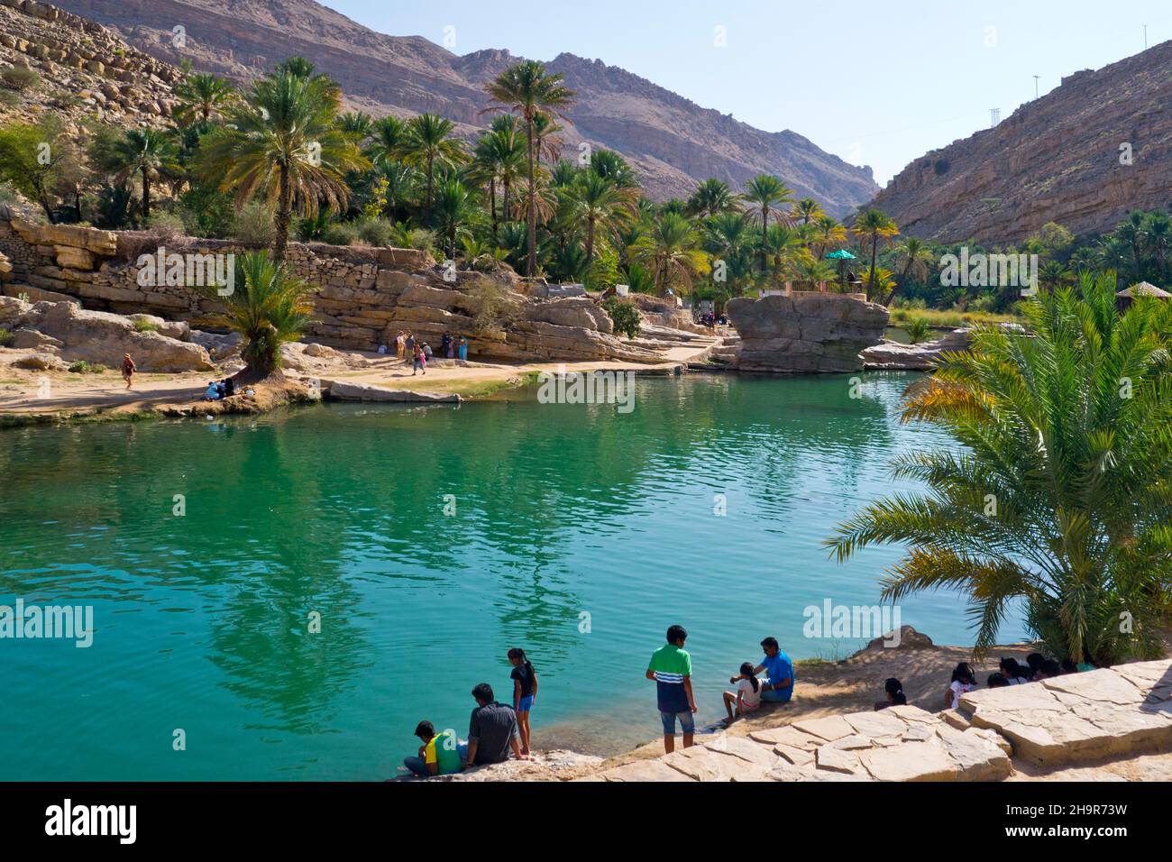 Piscina d'acqua, paradiso Wadi Bani Khalid, Wadi Bani Khalid, Oman Foto Stock