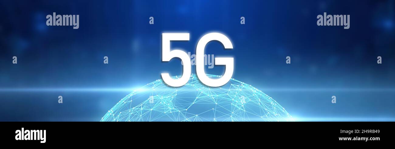 Rete 5G. Concetto di Internet mobile ad alta velocità futuro, futuro dei sistemi wireless, tecnologia globale. Banner aziendale Foto Stock