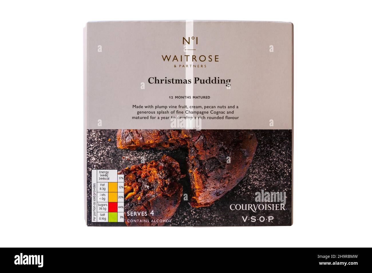Waitrose Christmas Pudding in scatola isolato su sfondo bianco - Regno Unito Foto Stock