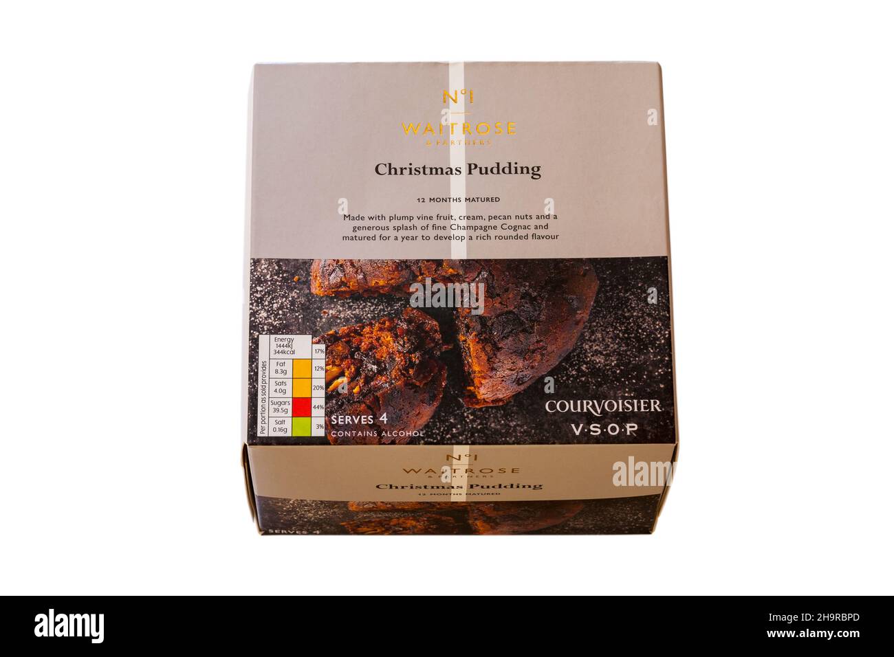 Waitrose Christmas Pudding in scatola isolato su sfondo bianco - Regno Unito Foto Stock