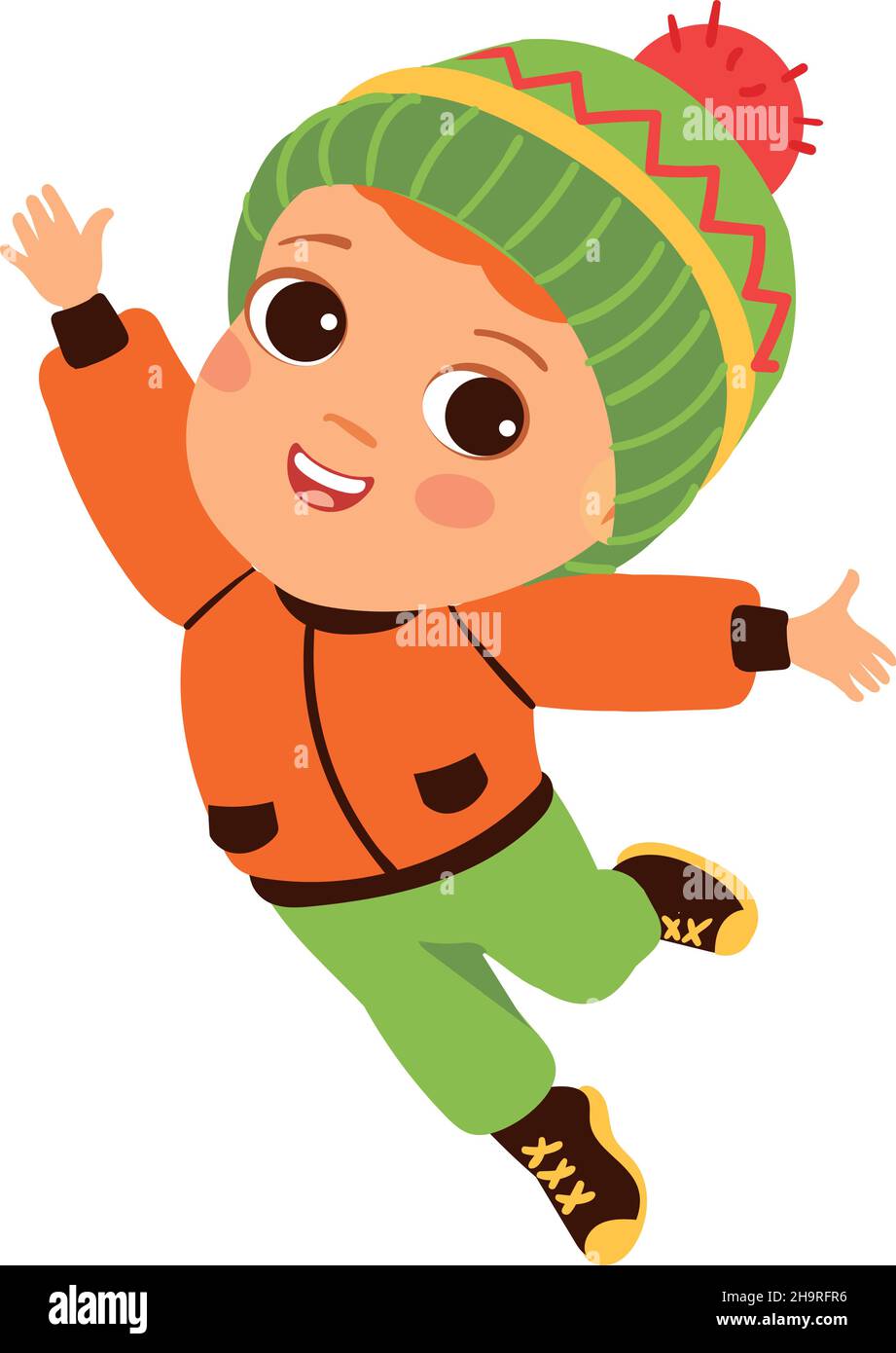 Il bambino salta in abiti freddi. Attività per bambini all'aperto in autunno Illustrazione Vettoriale