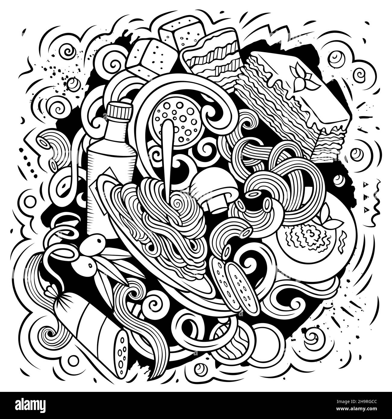 Cartoon vettore Doodles Italian Food illustrazione. Abbozzata, dettagliata, con molti oggetti di sfondo. Tutti gli oggetti si separano. Italia cucina divertente Pictur Illustrazione Vettoriale