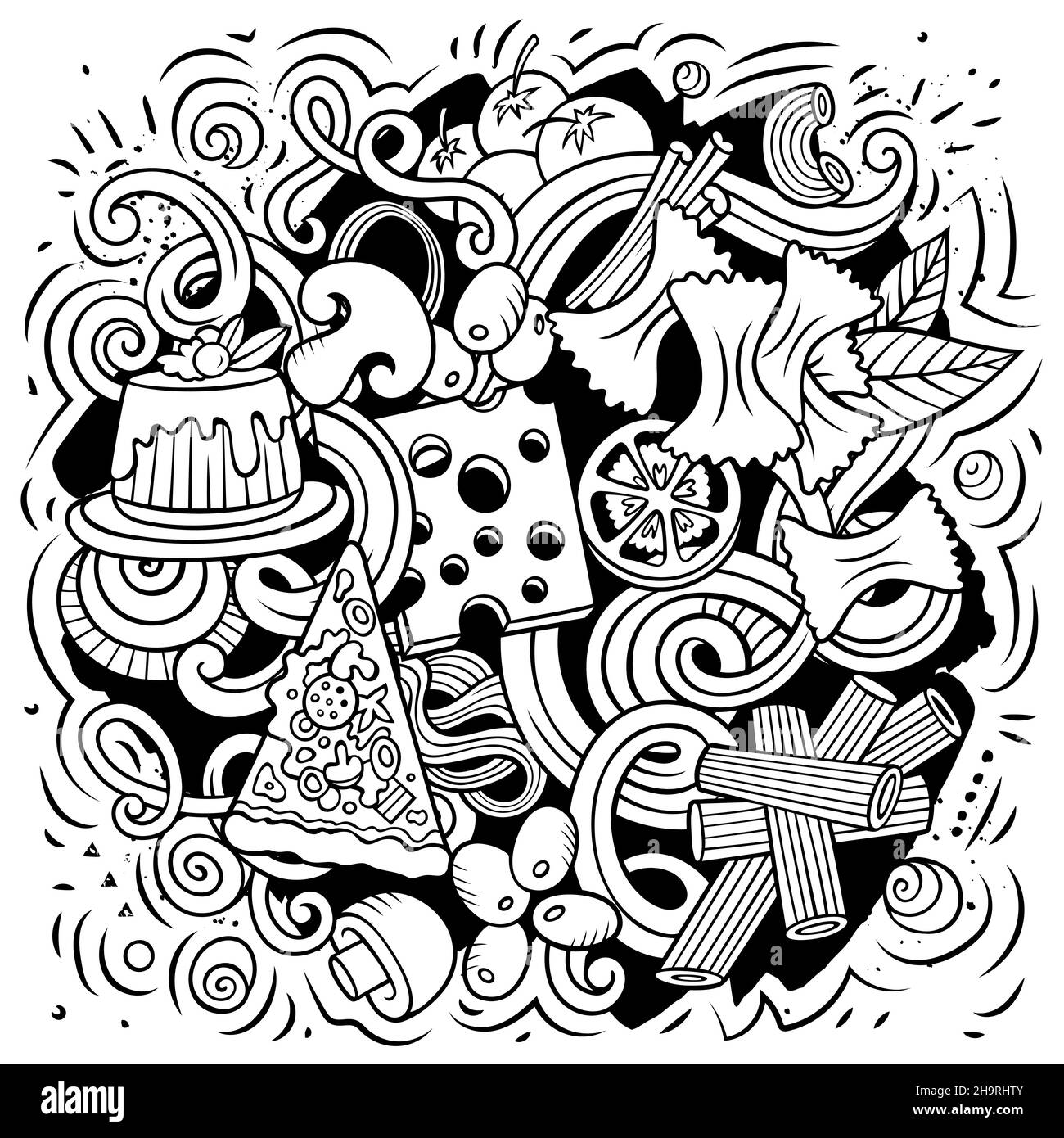 Cartoon vettore Doodles Italian Food illustrazione. Abbozzata, dettagliata, con molti oggetti di sfondo. Tutti gli oggetti si separano. Italia cucina divertente Pictur Illustrazione Vettoriale