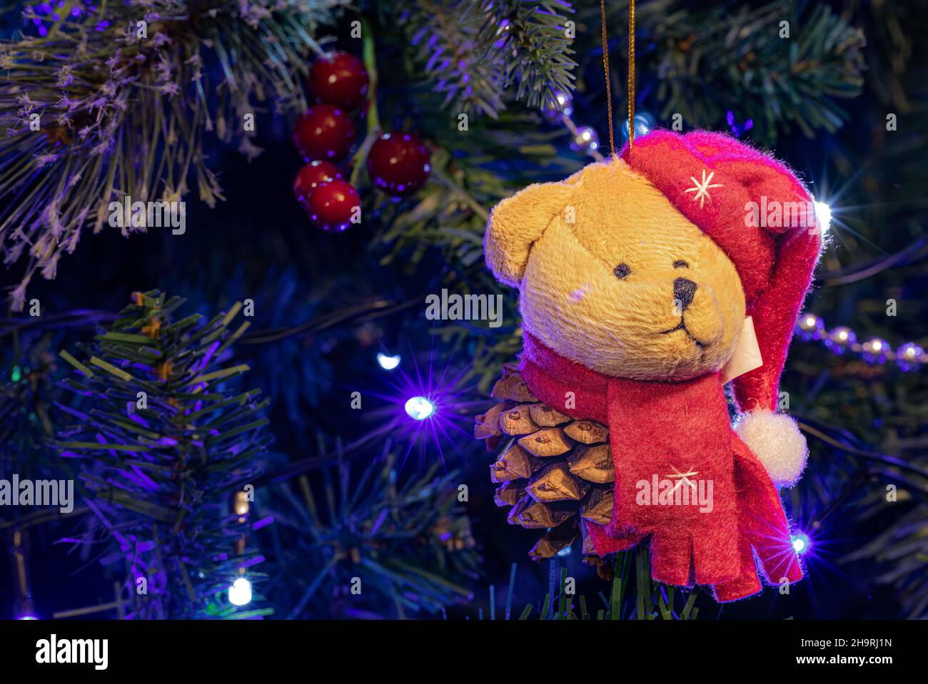 Orsacchiotto che indossa un cappello rosso e una sciarpa decorazione dell'albero di Natale appeso ad un albero Foto Stock